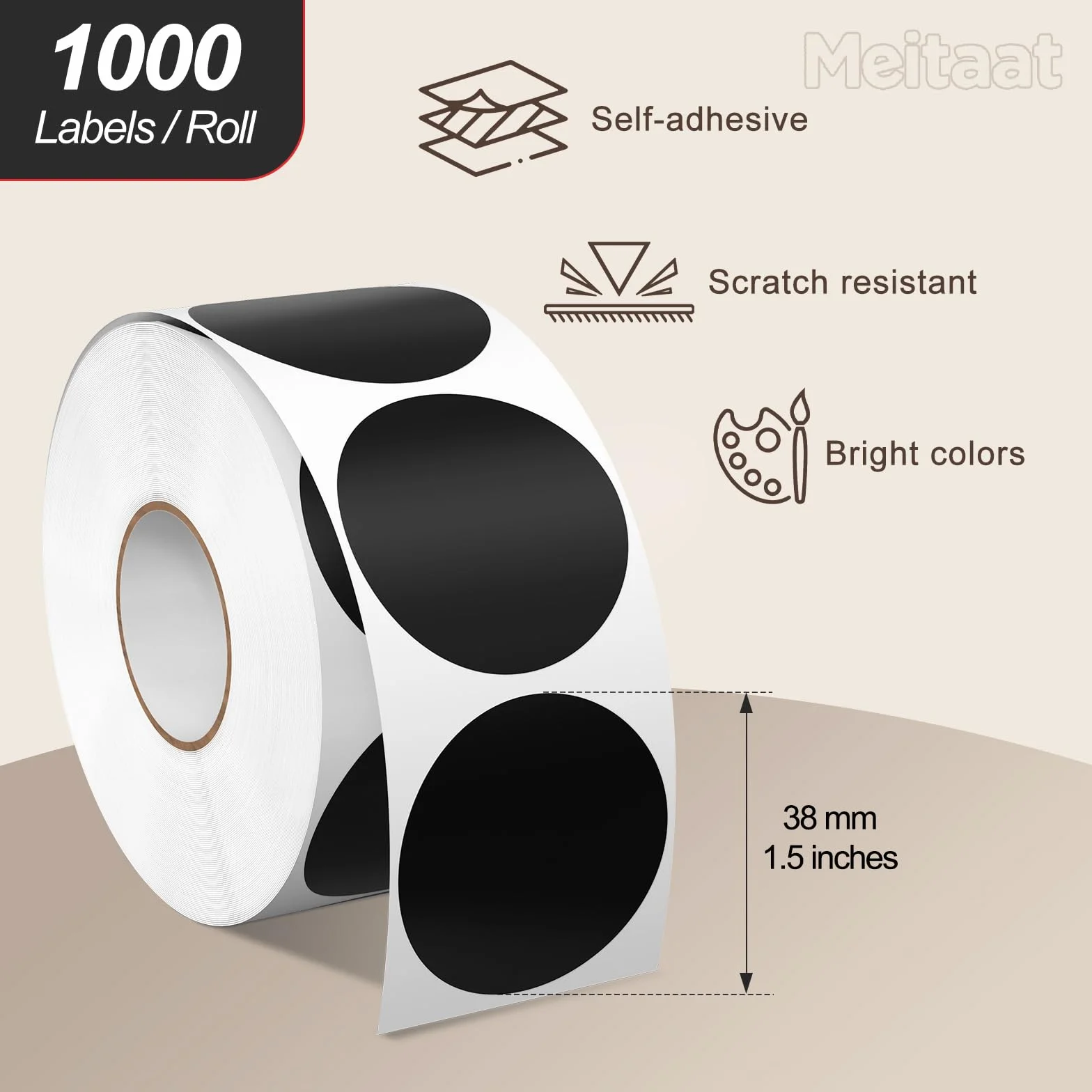 1000 szt. Kropek do przyklejenia 38 mm Punktowe naklejki z kodowaniem kolorów, Okrągłe etykiety z winylu, wodoodporne rolka, Punkty do oznaczania, kolor czarny