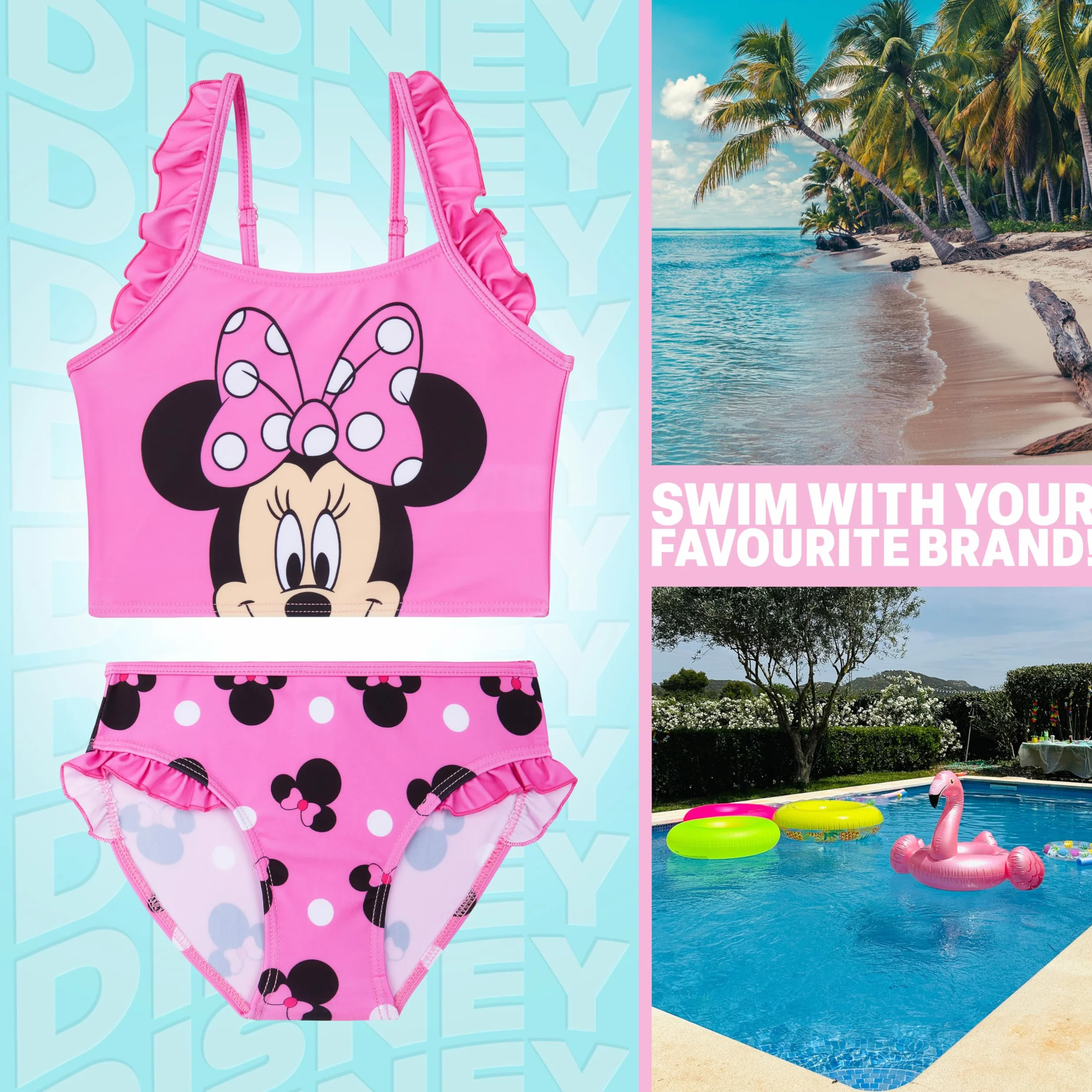 Disney Stitch | Dziewczęce bikini Myszka Minnie Dwuczęściowy Zestaw Kąpielowy, Regulowany Strój Kąpielowy Z Paskami, Stroje Kąpielowe Tankini