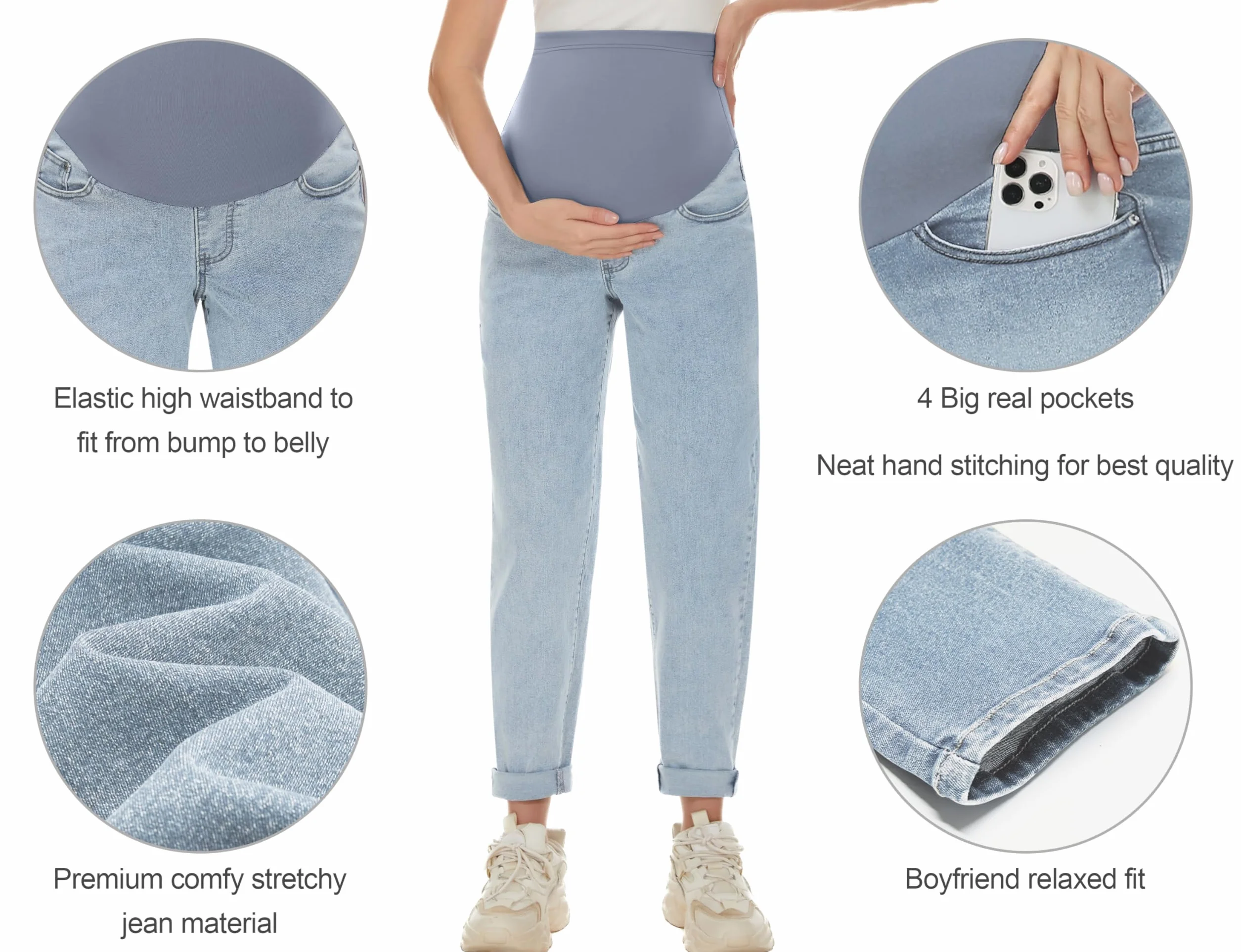 POSHGLAM Damskie dżinsy ciążowe na brzuchu, wygodne, ze stretchu, Boyfriend, dżinsy, spodnie ciążowe, S-XXL