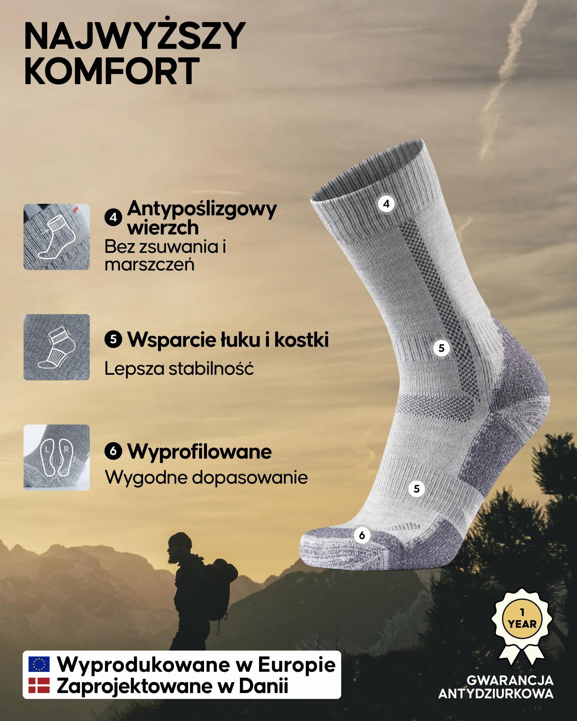 DANISH ENDURANCE Skarpety Trekkingowe z Wełny Merino z Amortyzacją, Oddychające, Przeciw Pęcherzom, dla Mężczyzn i Kobiet, Unisex, 3 lub 5-Pak