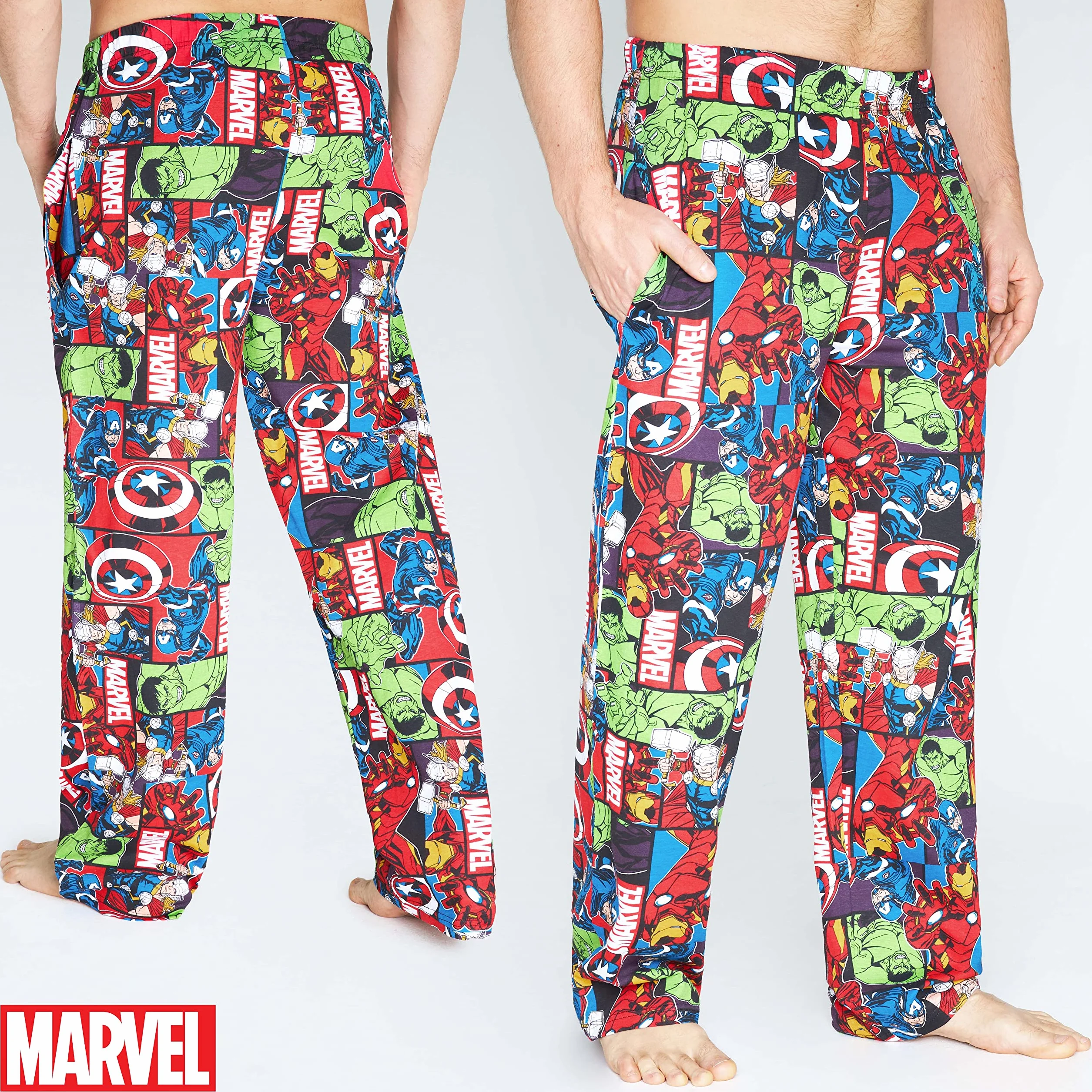 MARVEL Męska piżama, Avengers Lounge Pants Mężczyźni z Kapitanem Ameryką Iron Man Thor i Hulk, 100% bawełna bielizna nocna męskie spodnie piżamowe, oficjalne artykuły prezenty dla mężczyzn nastoletnich chłopców