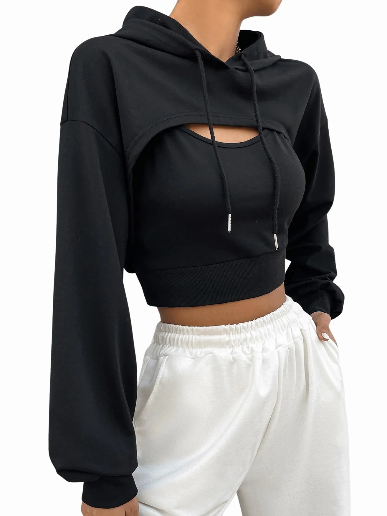GORGLITTER Damska bluza z kapturem Super Crop 2 w 1, bluza z kapturem, z długim rękawem, ze ściągaczem