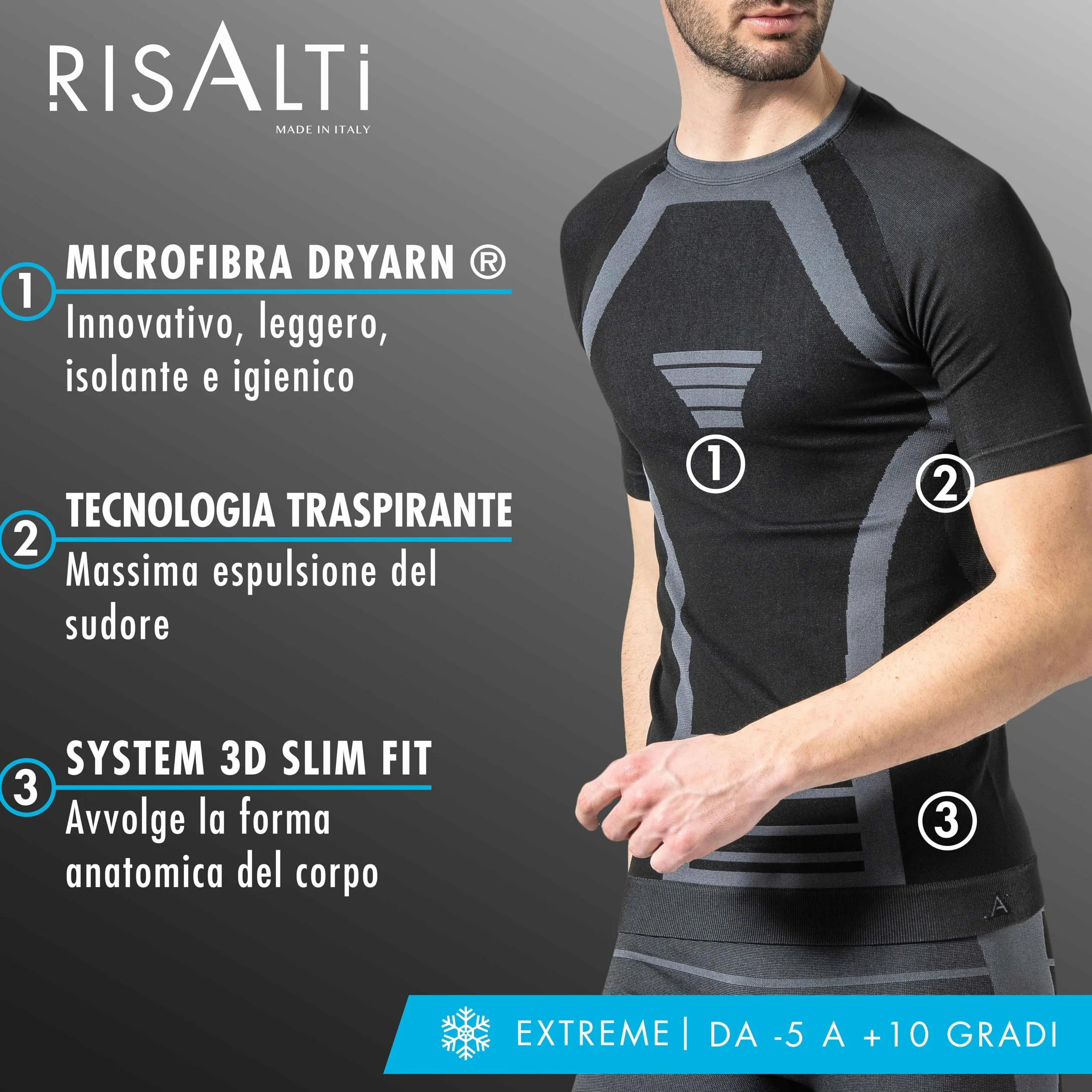 Risalti MęSka I Damska Koszulka Termoaktywna Extreme Unisex - OddychająCa Bielizna Termoaktywna Z KróTkim RęKawem, Bezszwowa Techniczna Odzież Zimowa - Made In Italy