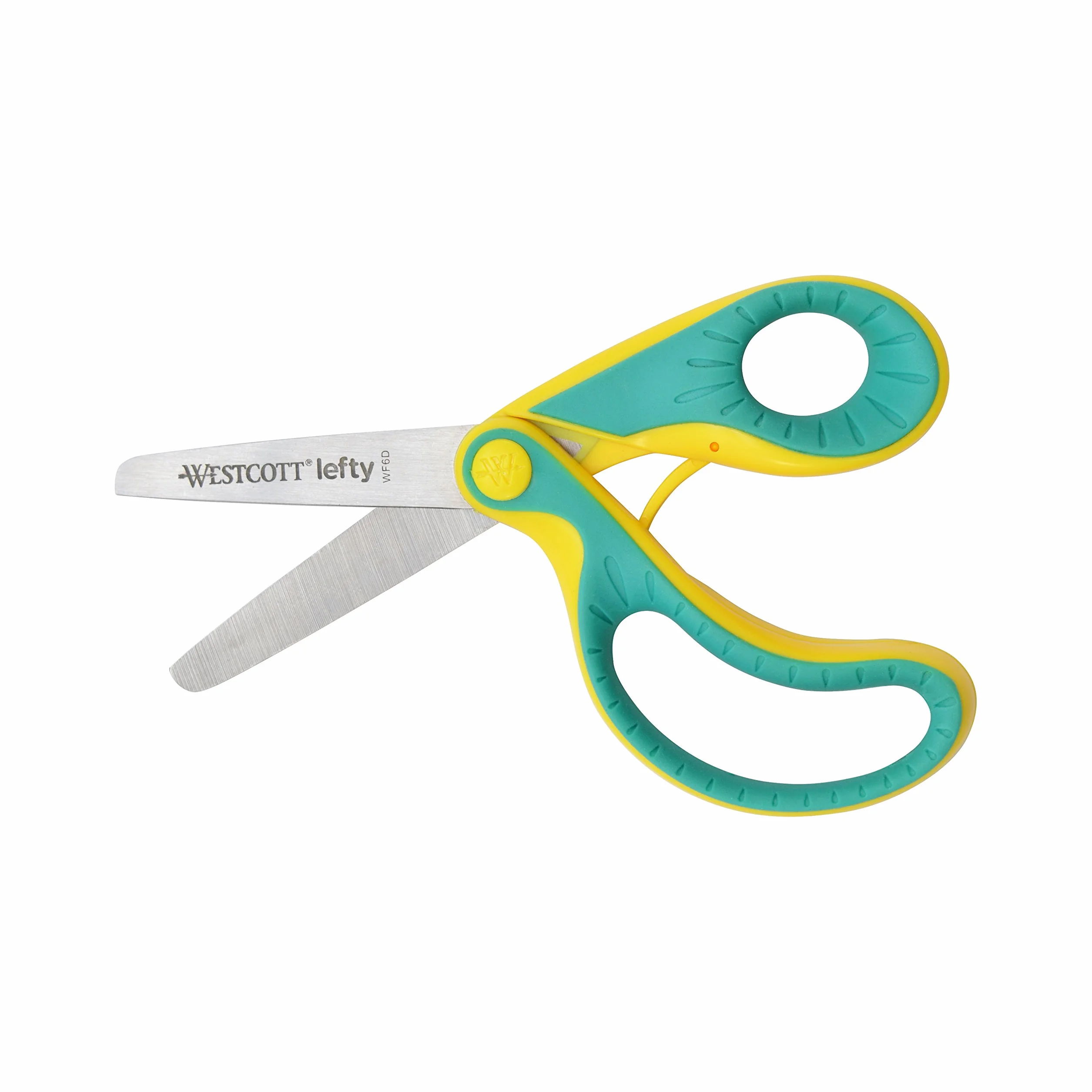 Westcott E-22003 00 Ergo JR. Lefty – ergonomiczne nożyczki dla dzieci dla osób leworęcznych, ostrze stalowe 5, 3 cm, uchwyt Softgrip, zielony/żółty, 13,3 cm