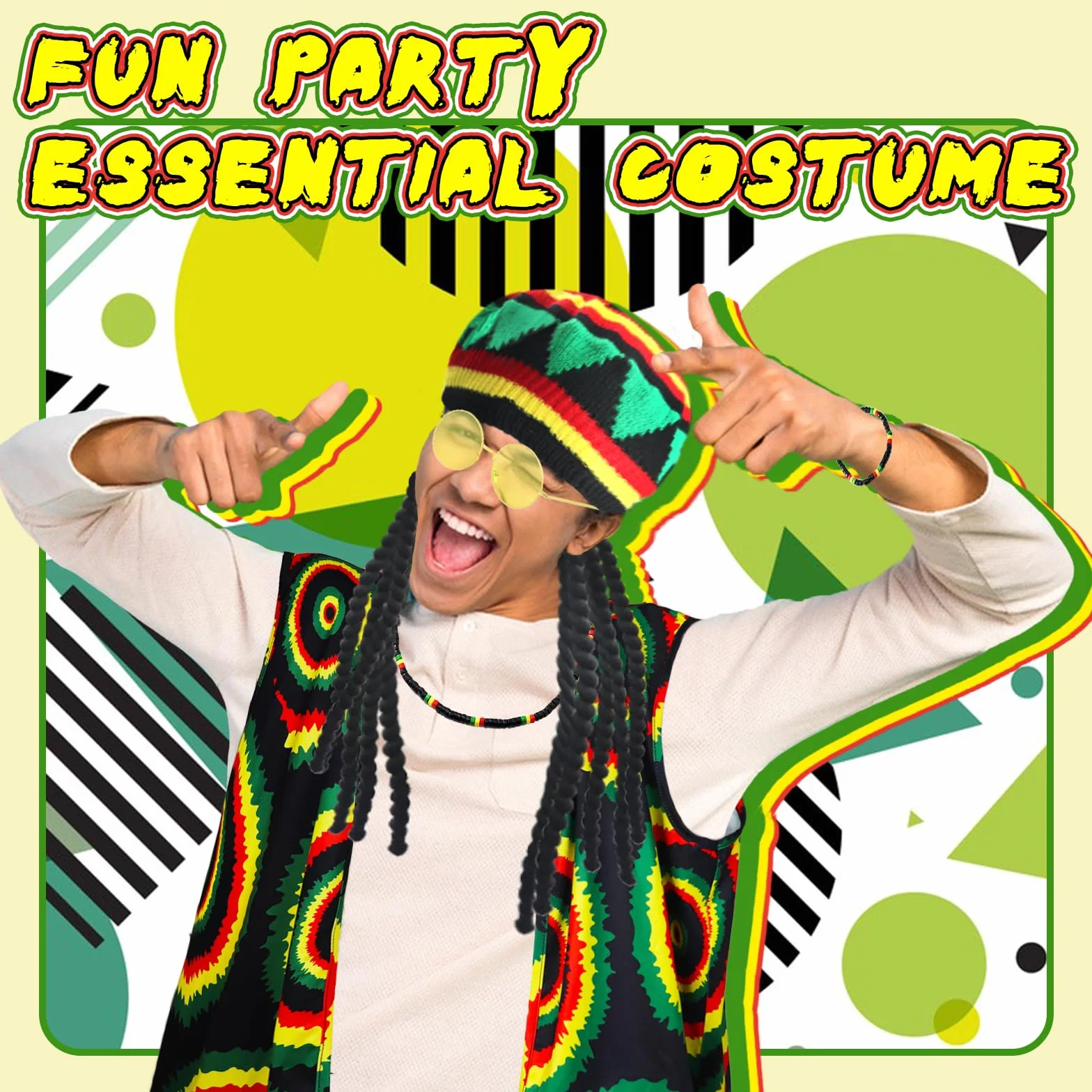 Zestaw akcesoriów do kostiumów Rasta 5 sztuk z czapką peruka Jamajka Reggae batik T-Shirt okulary przeciwsłoneczne pleciony naszyjnik bransoletka