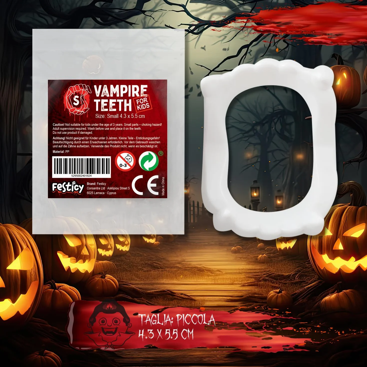 Festicy Zęby wampirów dla 6-12 lat | Zęby wampirów dla dzieci i fałszywej krwi | Kostium Draculli na Halloween, Czerwony