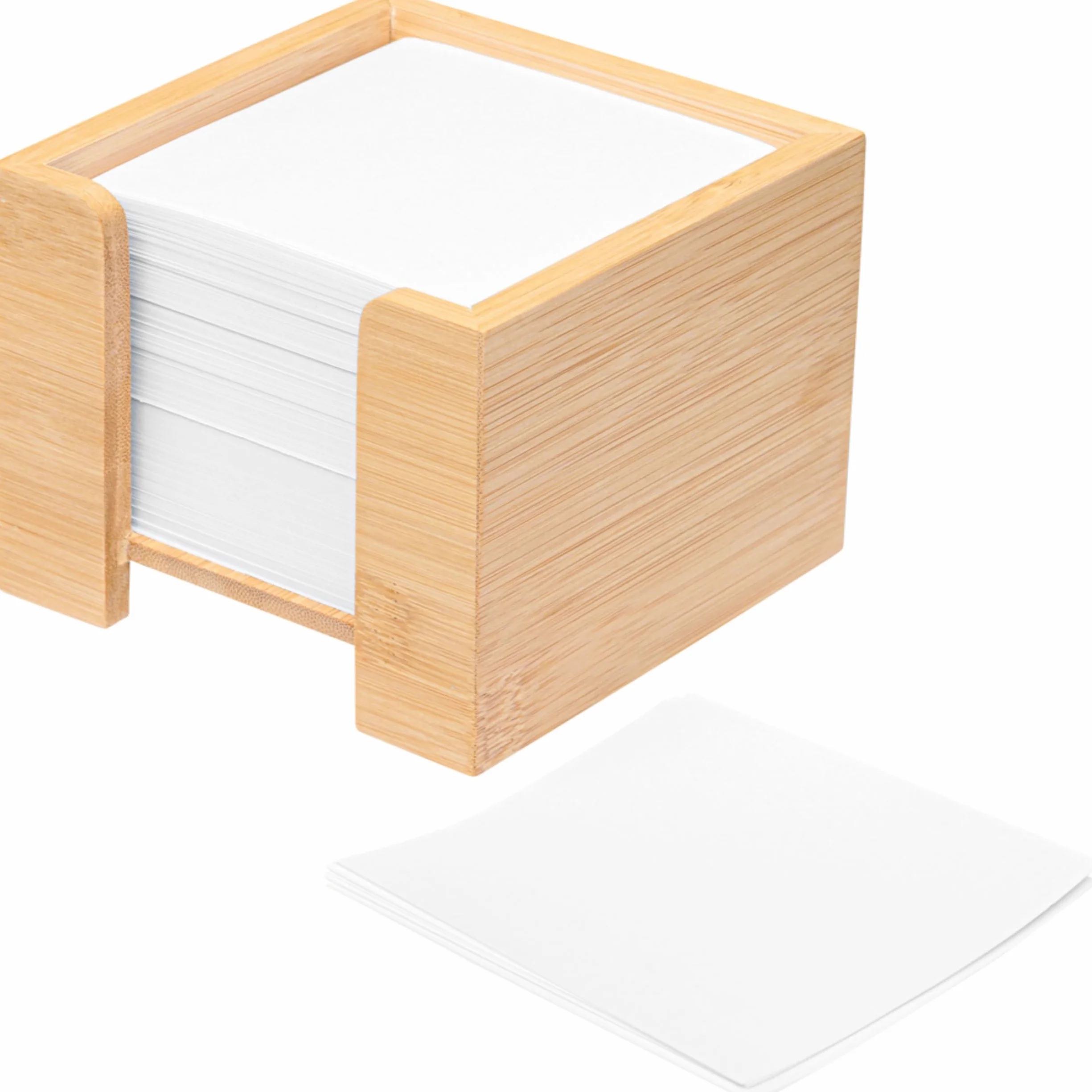 Pudełko na karteczki bambusowe, zrównoważone pudełko na karteczki, drewno, uchwyt na notatki, 900 arkuszy papieru bezdrzewnego 70 g/m², wys. x szer. x gł.: 11,5 x 11,5 x 10,7 cm, naturalny, dostępne