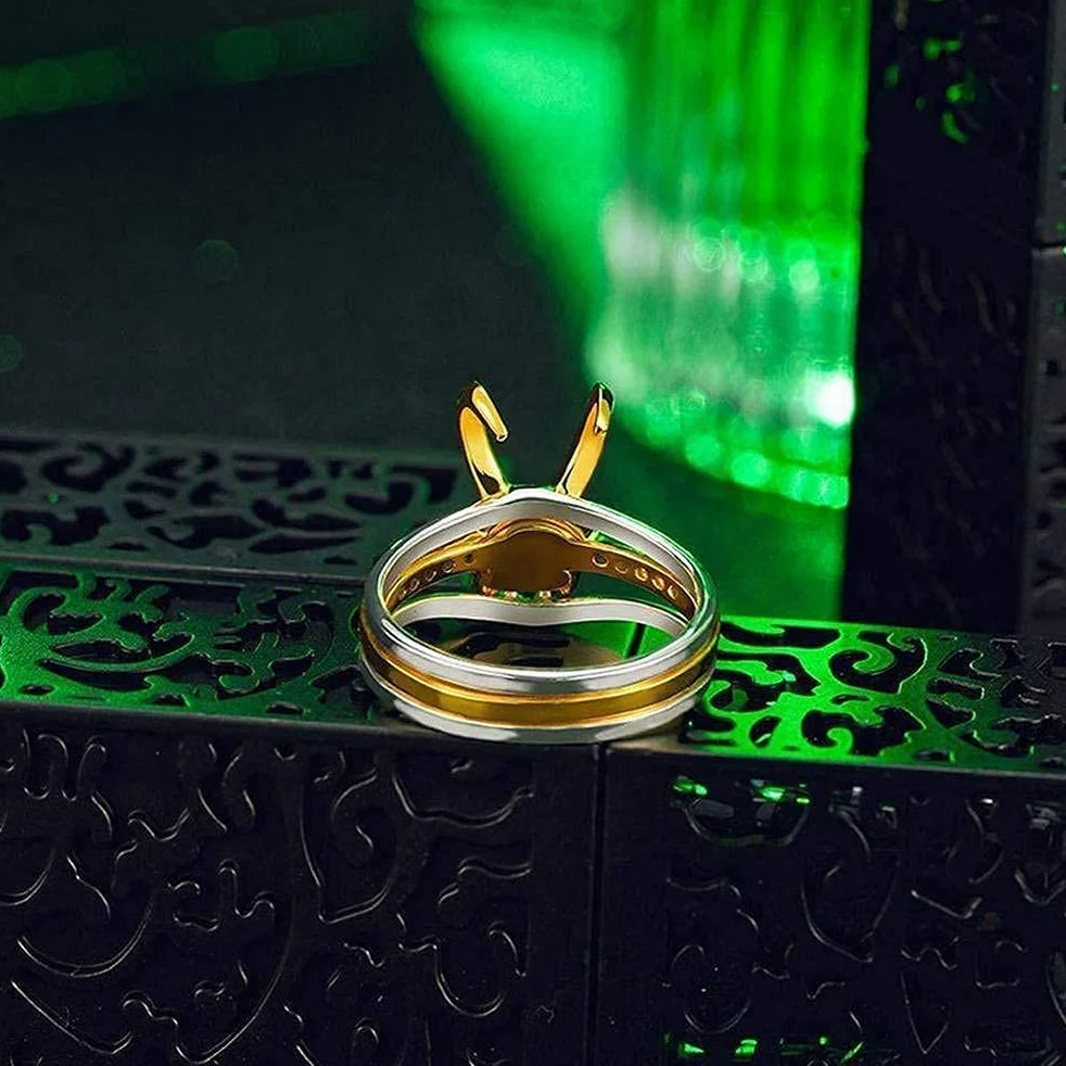 Loki zestaw pierścionków 3 w 1, do kasku, pierścionków, zielony, kryształ, stop metalu, pierścienie do układania w stos dla kobiet i mężczyzn, dla fanów Marvela,