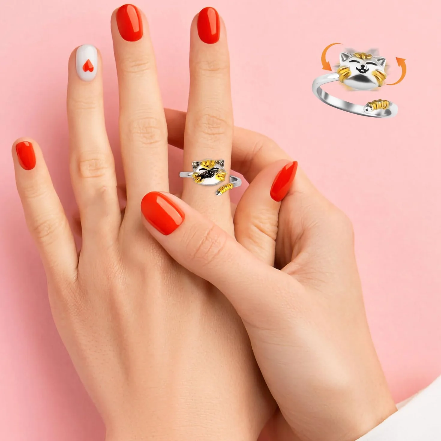 Fidget Ring Kobiety, Platerowane Srebro Obrotowe Pierscionki Zwierze Uroczy Pierscionek z Kotem Otwarte Regulowana Bizuteria Fidget dla Relaksu
