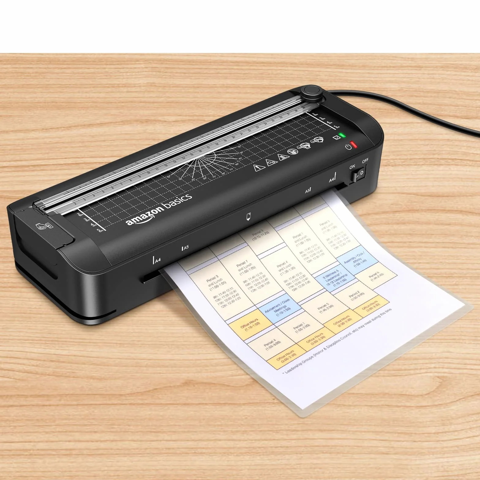 Amazon Basics Laminator termiczny 3 w 1 do formatu A4 z funkcjami cięcia, dziurkowania i zaokrąglania narożników, zawiera 10 koszulek, wtyczkę EU, czarny