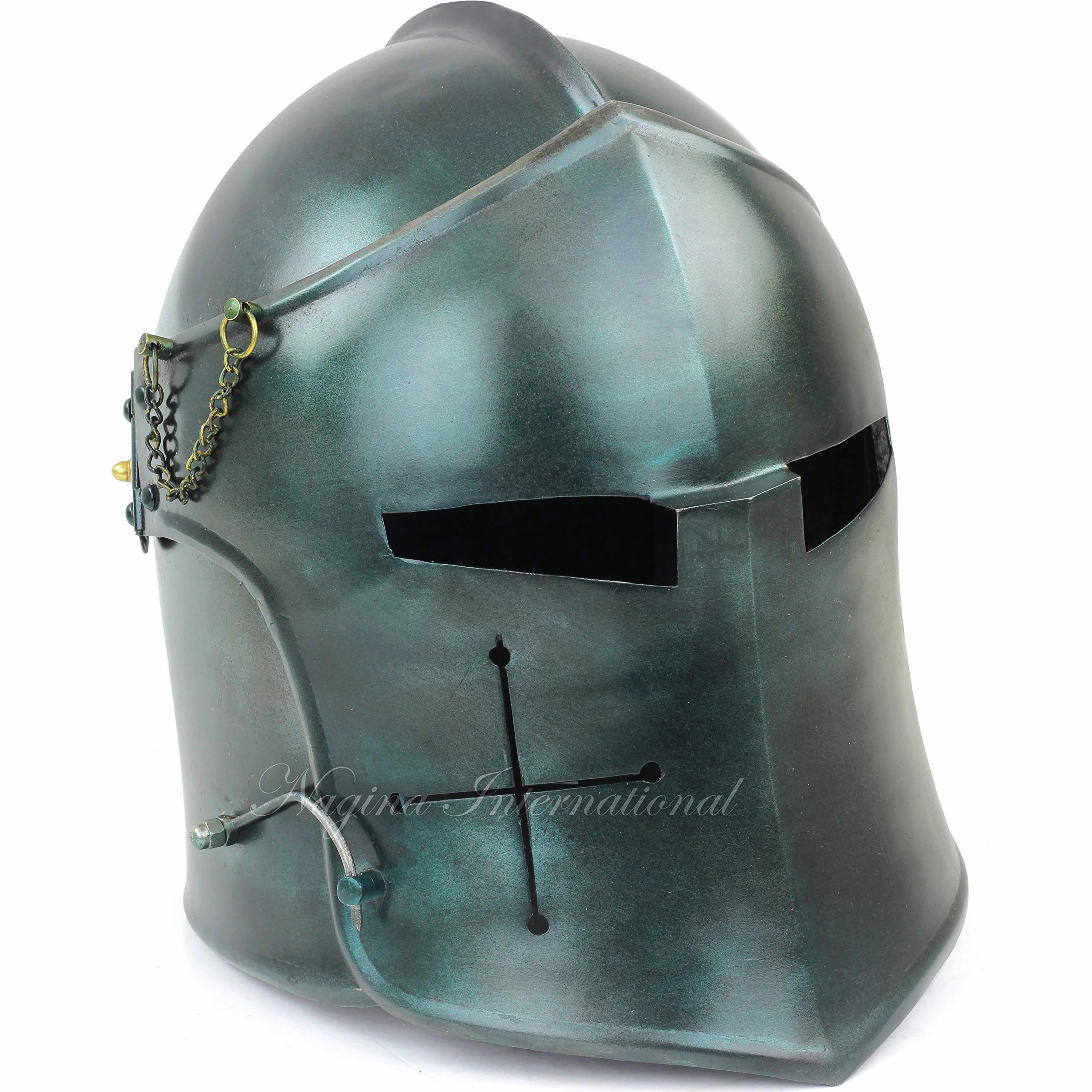 Nagina International średniowieczna stal szczotkowana Barbuta Knights Armory Templar Crusader's Helmet Rekwizyty i kostiumy Kask dla larperów (zieleń wojskowa)