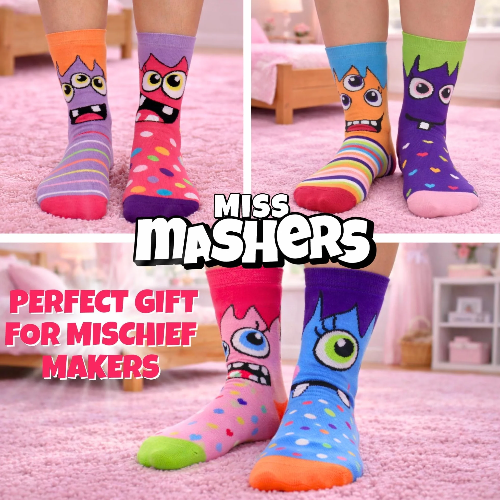 United Oddsocks - Miss Mashers - Zestaw 6 zabawnych skarpet dla dziewczynek, EUR 30,5-38,5, Multicoloured, 30,5-38,5