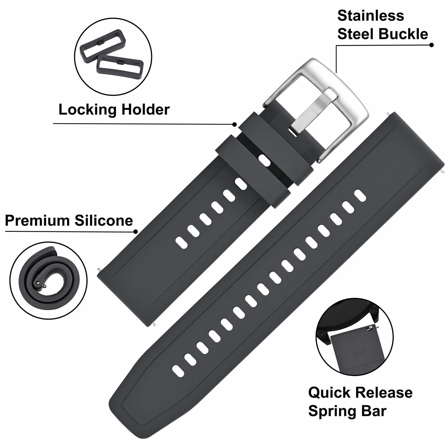 BISONSTRAP Elastyczny pasek do zegarka 18, 20, 22, 24 mm, silikonowy, pasek do zegarka dla mężczyzn i kobiet, szybkie zapięcie, zapasowy pasek