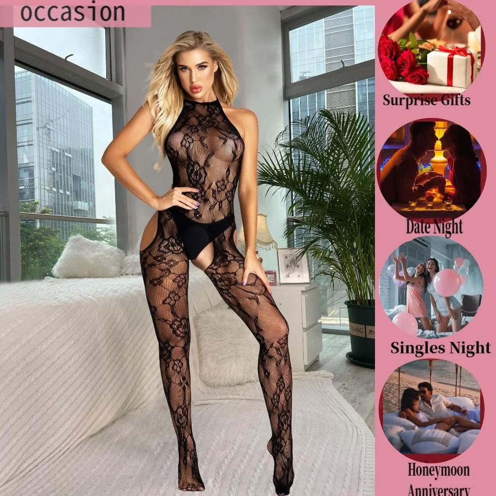 V-Ting Seksowna bielizna damska z kokardą do seksu, bielizna damska, seksowna bielizna erotyczna, catsuit, bodystocking, z otwartym krokiem, seksowny strój dla kobiet, rajstopy, ażurowy kombinezon