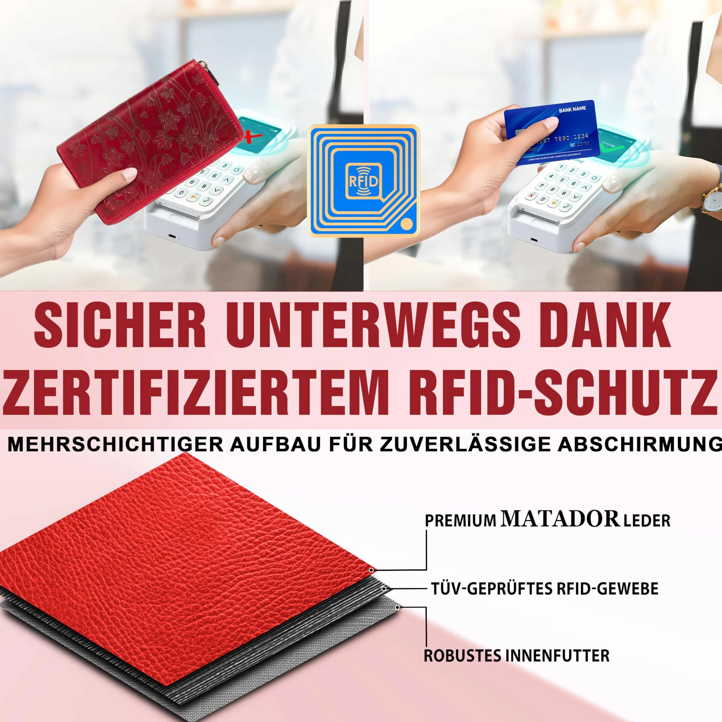 MATADOR Portfel Damski Skórzany MADRID z Eleganckim Pudełkiem Prezentowym, Luksusowy Czerwony Portfel Damski z Ochroną RFID, Duży Portfel Damski z Wieloma Przegródkami na Karty