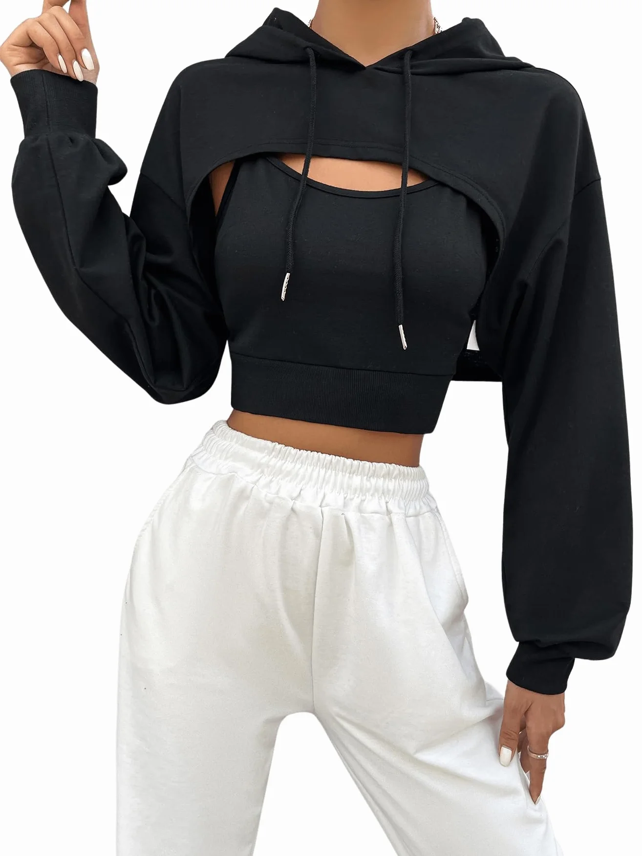 GORGLITTER Damska bluza z kapturem Super Crop 2 w 1, bluza z kapturem, z długim rękawem, ze ściągaczem