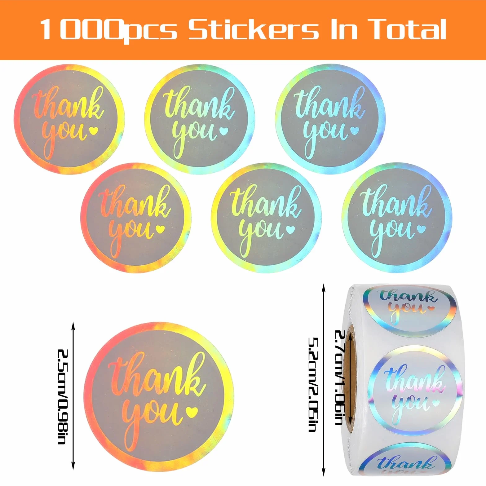 Nogeqi 1000 sztuk naklejek "Thank You", 2,5 cm, holograficzne, okrągłe, z podziękowaniami, samoprzylepne, w rolce, z podziękowaniami, do pakowania, pieczenia, torebek prezentowych, koperty