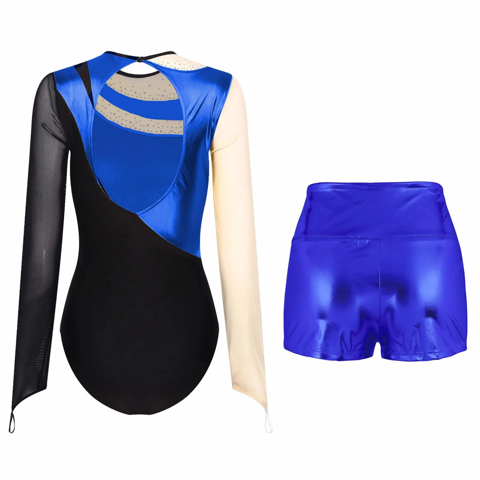 Freebily Damskie body gimnastyczne z szortami Rhinestone Ballet Leotards z długim rękawem bale baletowe baletowe błyszczące body do jazdy na łyżwach