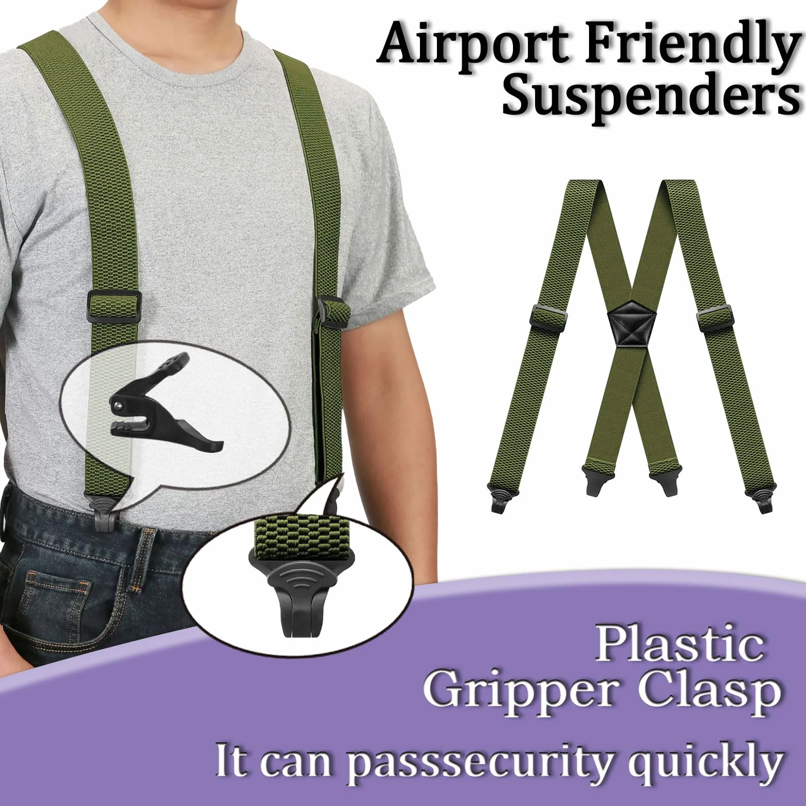 Suspenders for Men Heavy Duty 1,6 cala Wide Airport Friendly Hidden Suspenders with 4 Plastic Gripper Clasps Adjustable Elastic Braces for Casual Work X-Back ciemnozielone