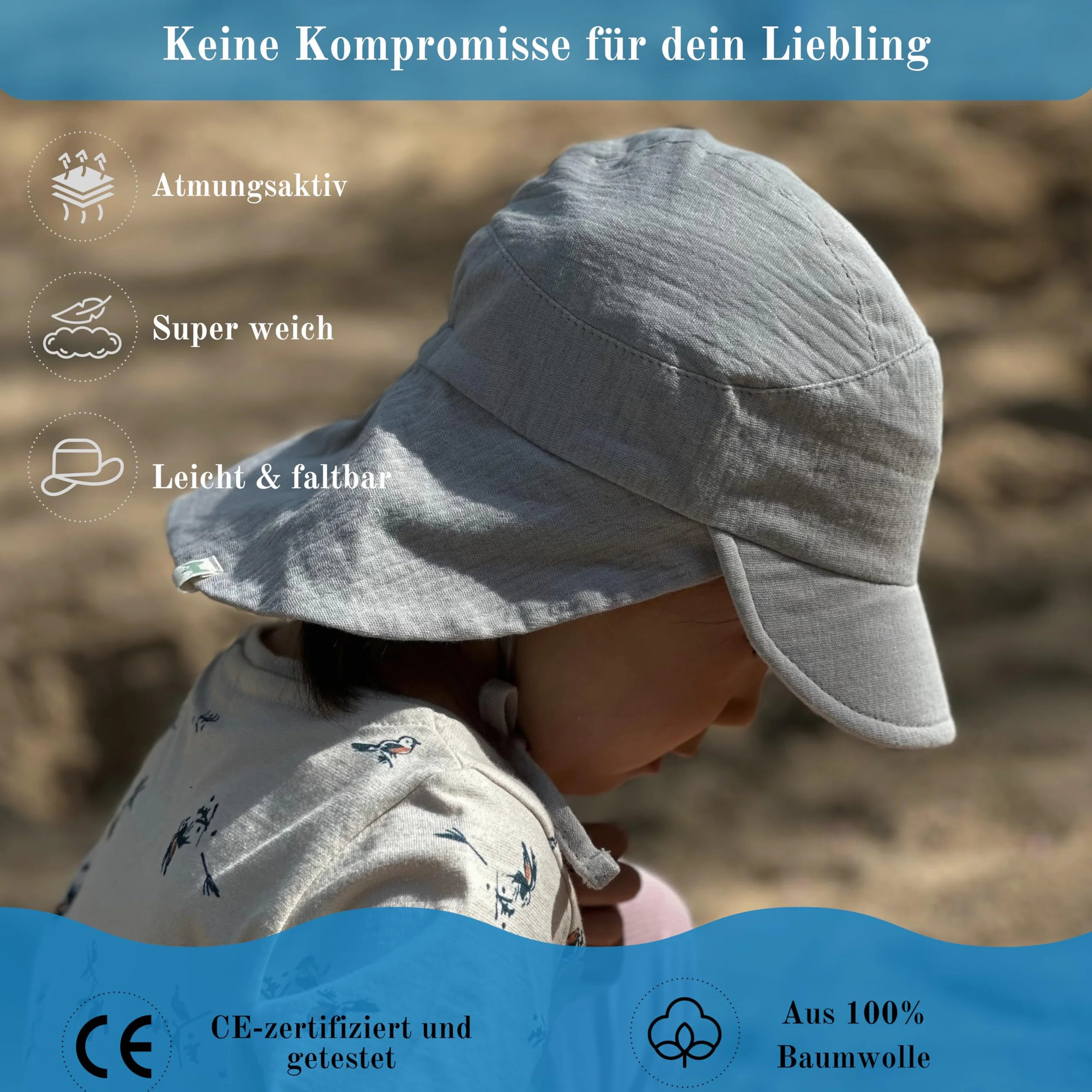 Muślinowa czapka z daszkiem, kapelusz przeciwsłoneczny z ochroną karku i uszu, ochrona przed promieniowaniem UV (UPF 50+) dla niemowląt i dzieci, uniseks