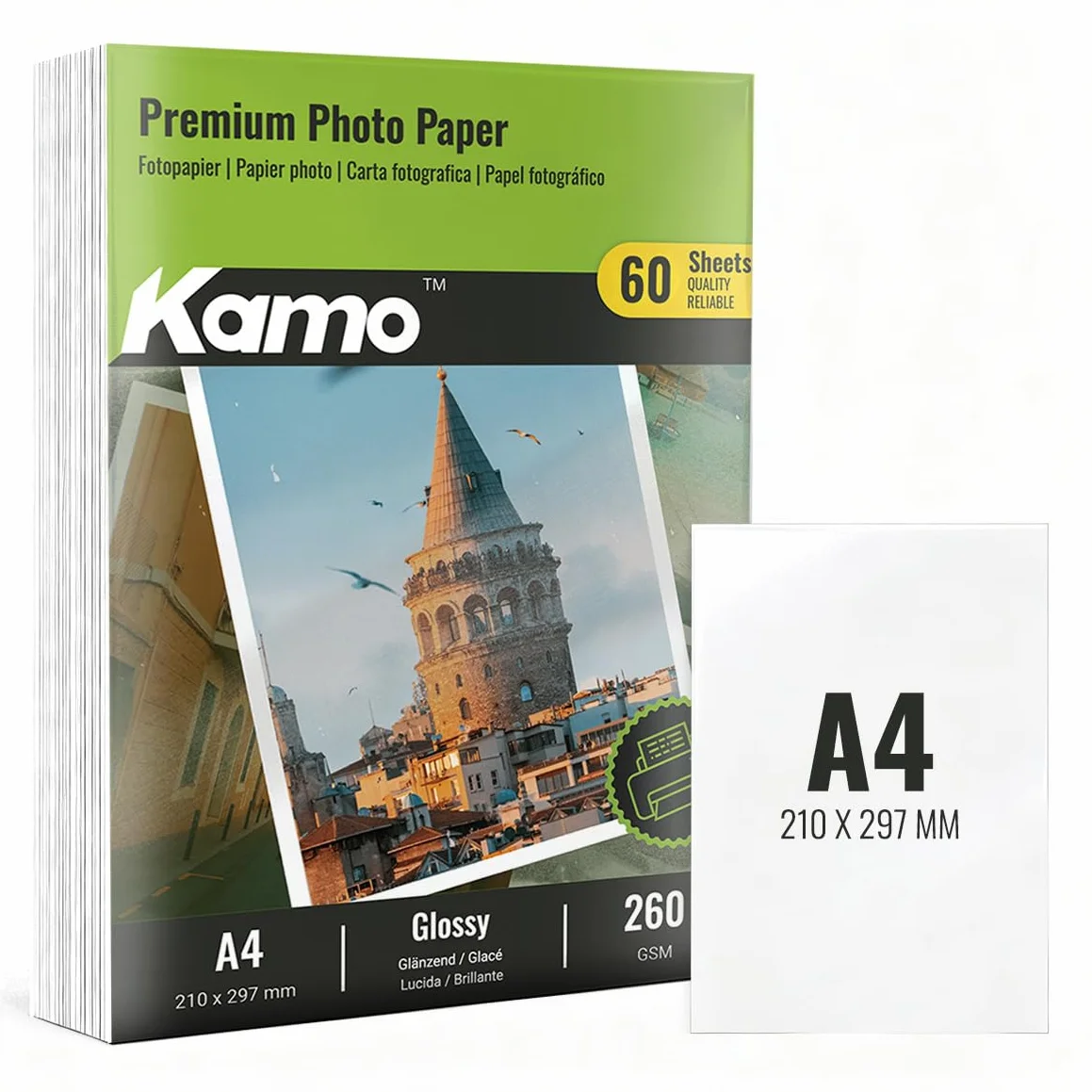 Kamo Błyszczący papier fotograficzny A4, 260 g/m², 60 arkuszy – idealny do zdjęć, plakatów i DIY, kompatybilny z drukarkami atramentowymi