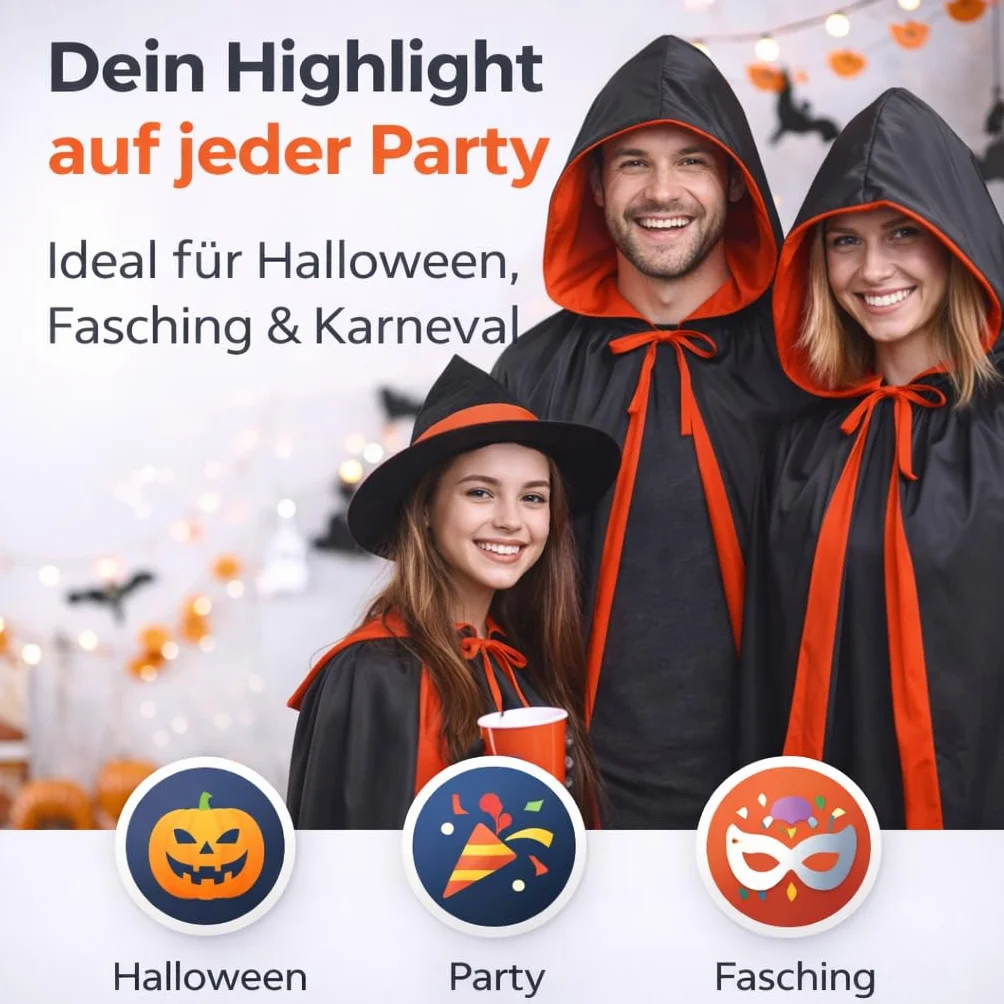 Czerwona peleryna z kapturem, dwustronna, nadaje się dla dzieci i dorosłych, na Halloween, karnawał i karnawał