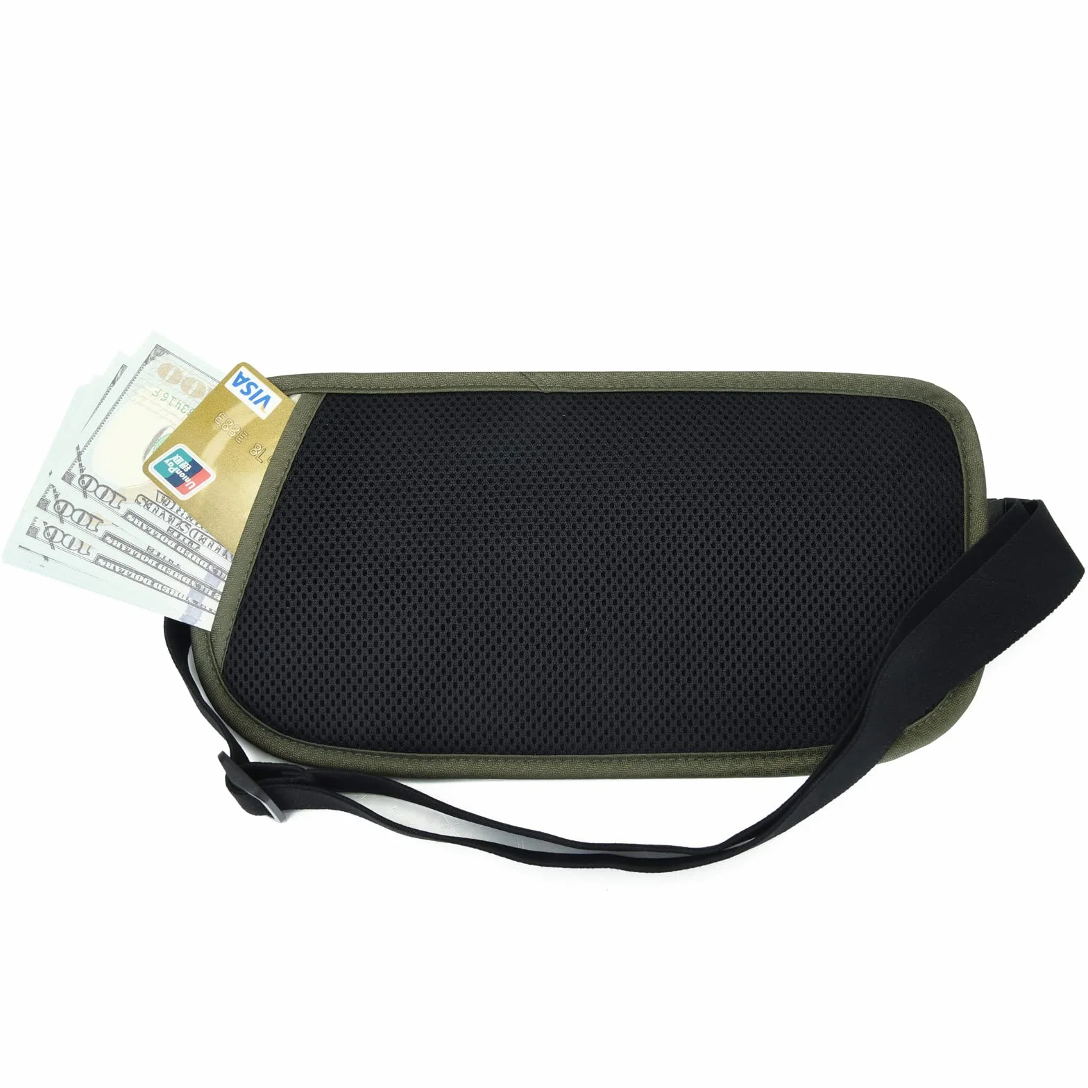 Pasek na pieniądze blokujący RFID dla mężczyzn i kobiet, wąski nerka na podróż, do biegania, ukryty portfel na paszport, telefon, gotówkę, Ciemnooliwkowy zielony, Rfid Blocking & Belt Wide:1inch,