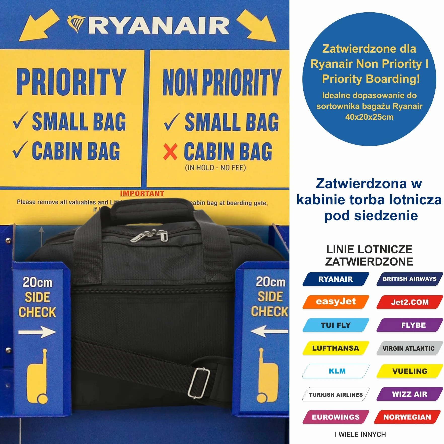 Aerolite Torba kabinowa Ryanair, 40 x 20 x 25 cm, maksymalny rozmiar