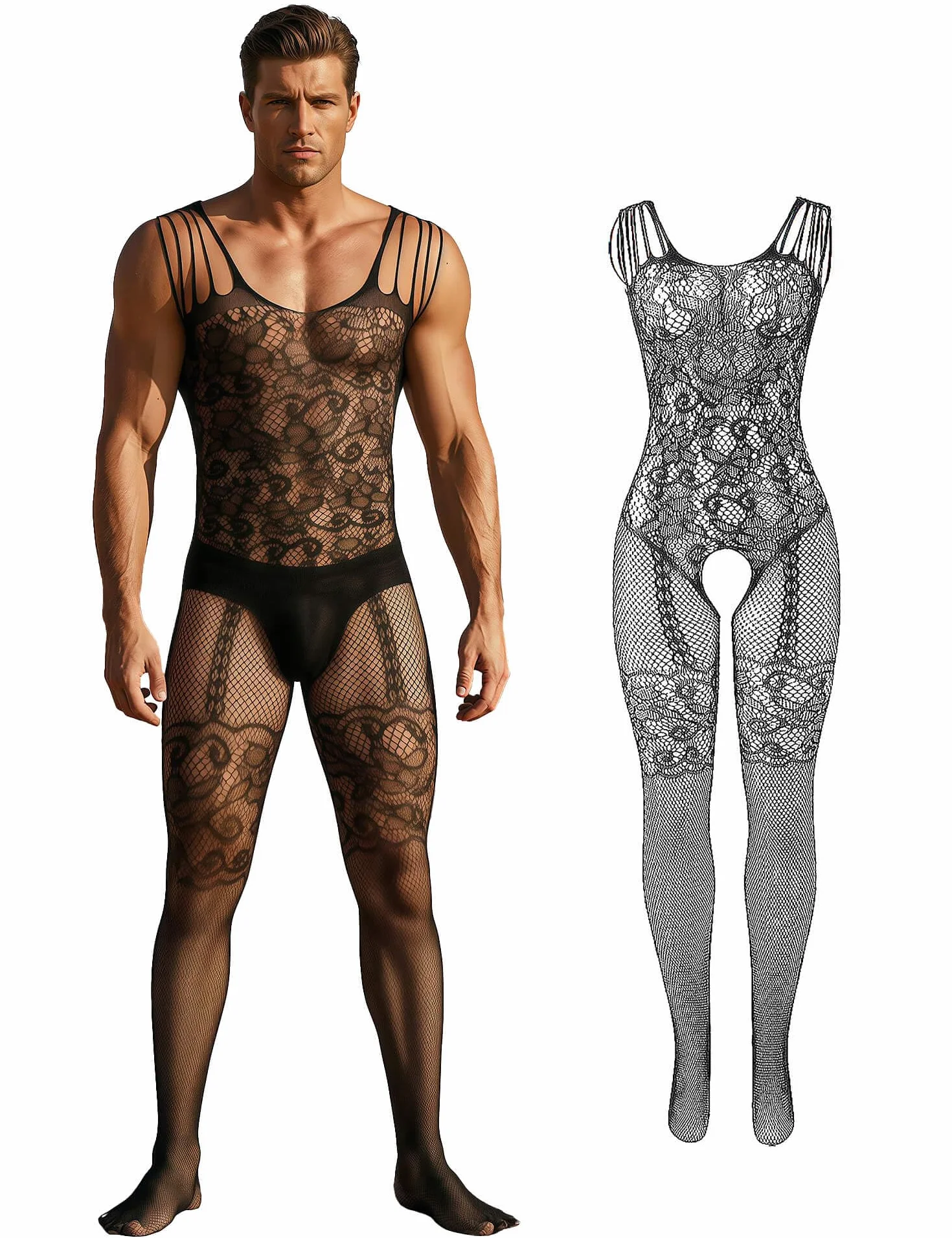 ohyeahlady Bodystocking Męska Bielizna Męska Fishnet Bielizna Męska Trykot Kombinezon Siatkowy Kombinezon Pończochy Elastyczna Bielizna