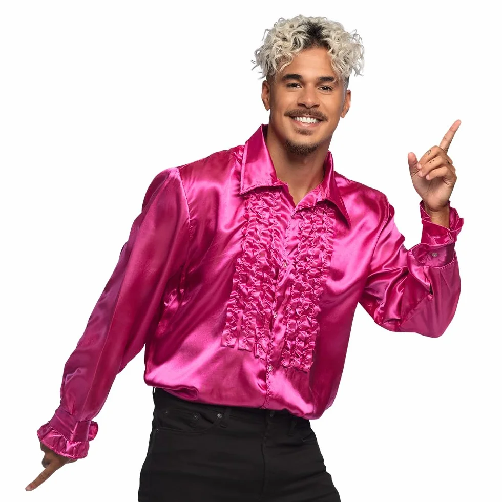 Boland - Koszula disco z falbanami, różowa, męska, fantazyjny strój, koszula imprezowa, Schlager move, lata 70-te, impreza tematyczna, karnawał