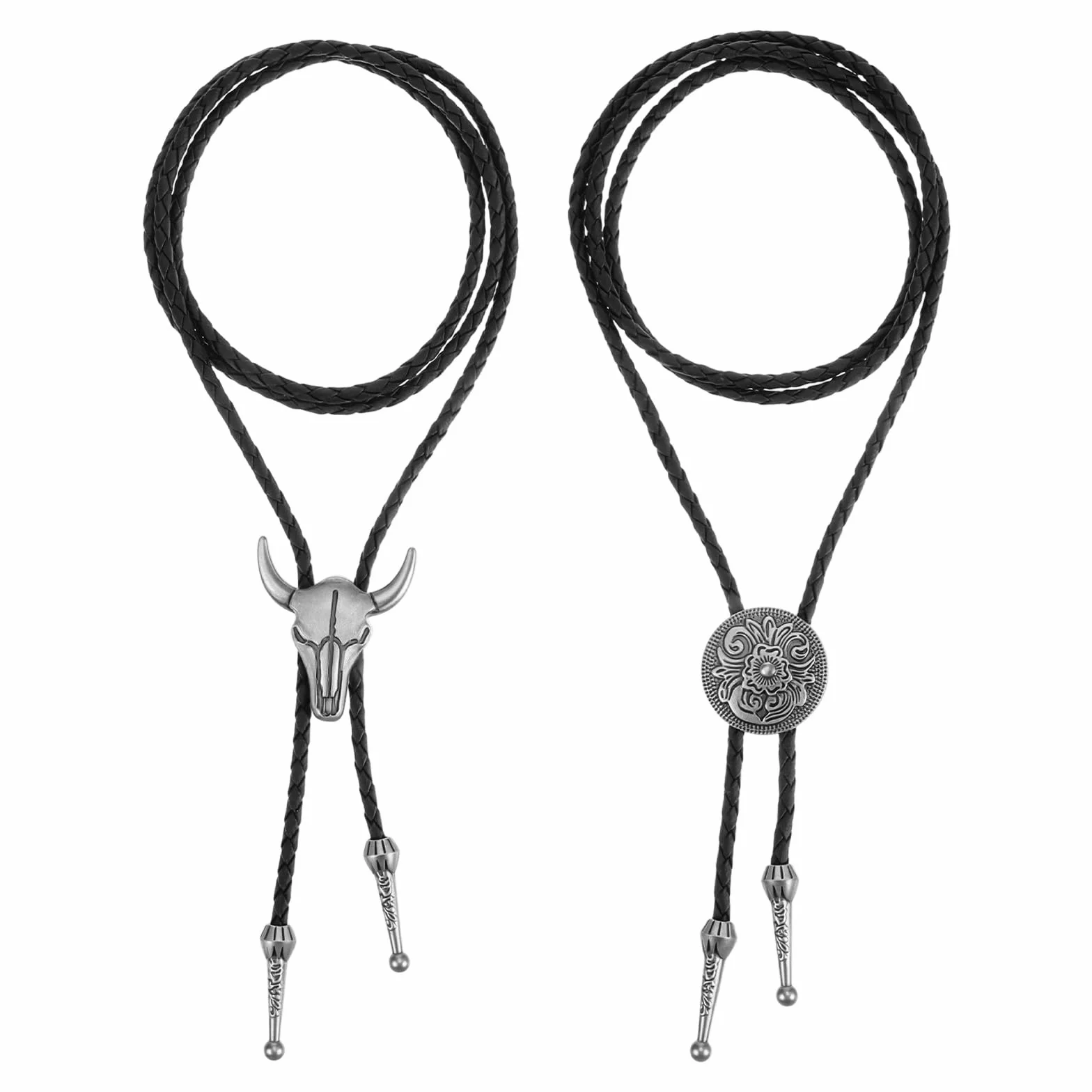 2 sztuki krawatów bolo dla mężczyzn, 50 cm, western, kowbojski łańcuszek na szyję z czarnym wisiorkiem Lariat rodeo, do kostiumów kowbojskich, strojów westernowych, kowbojów, koszulek