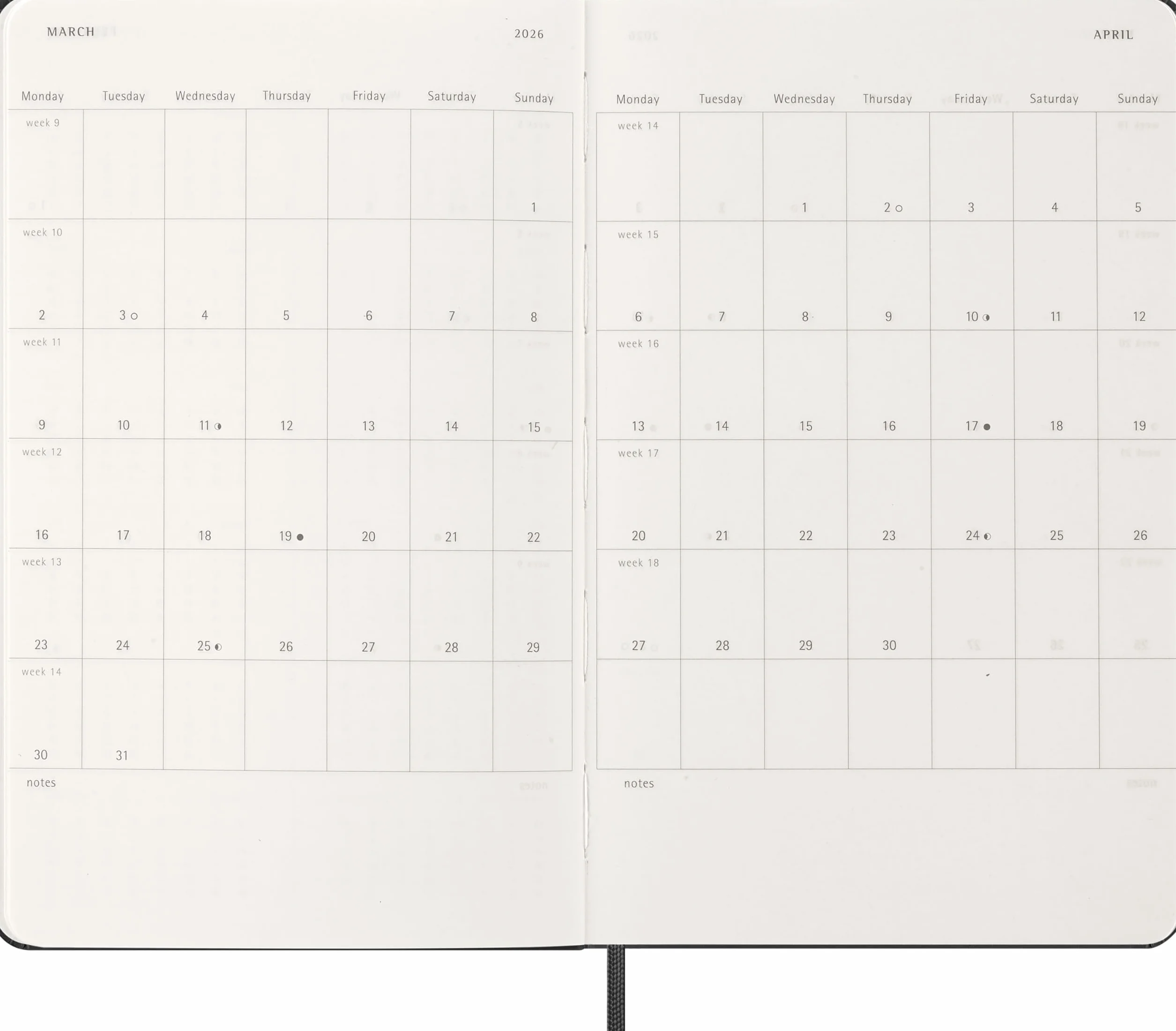 Moleskine 12 Monate Wochenkalender 2026, Large/A5, 1 Wo = 2 Seiten, horizontal, fester Einband, Schwarz