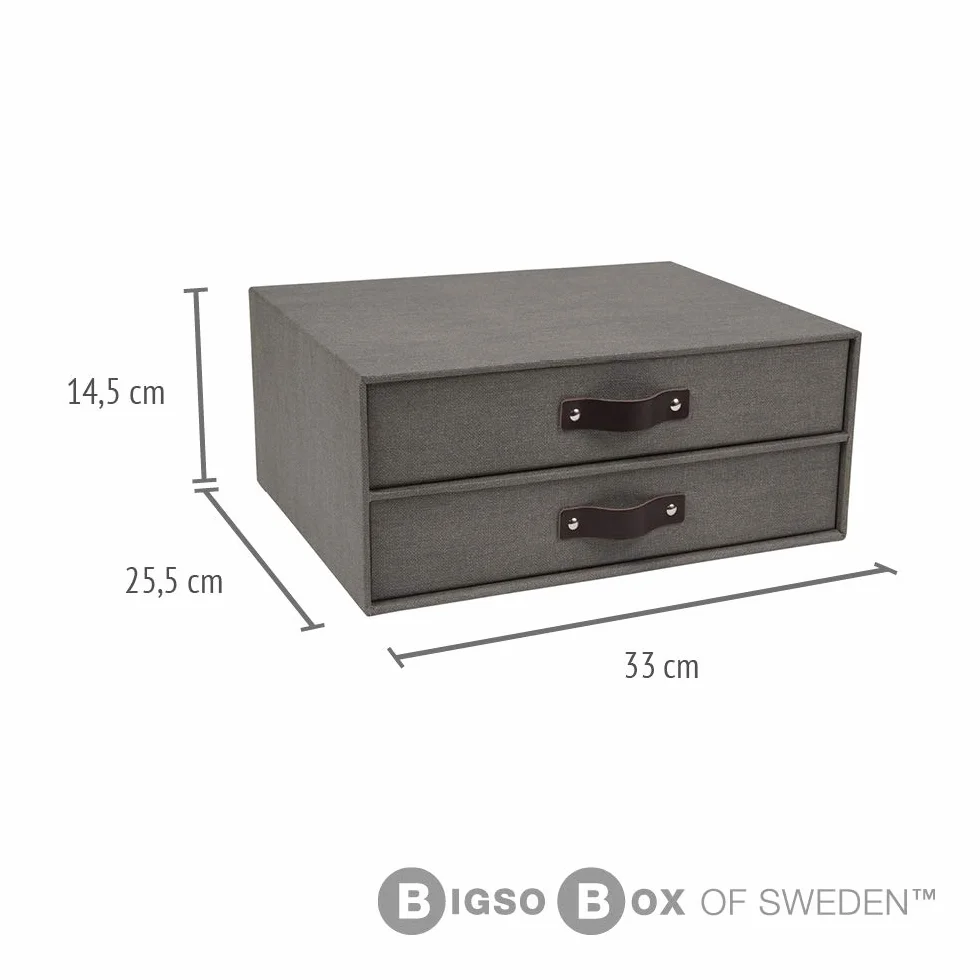 Bigso Box of Sweden BIRGER Pudełko z szufladami na dokumenty i artykuły biurowe – organizer na biurko z 2 szufladami – system odkładania z płyty pilśniowej i papieru o wyglądzie lnu, kolor szary