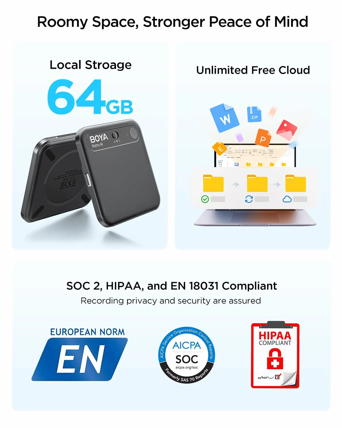 BOYA Notra AI Voice Recorder, 3 tryby przechwytywania – atmosfera/rozmowy telefoniczne/Bluetooth, transkrypcja AI i inteligentne podsumowanie, obsługa ponad 140 języków, 64 GB pamięci, magnetyczny