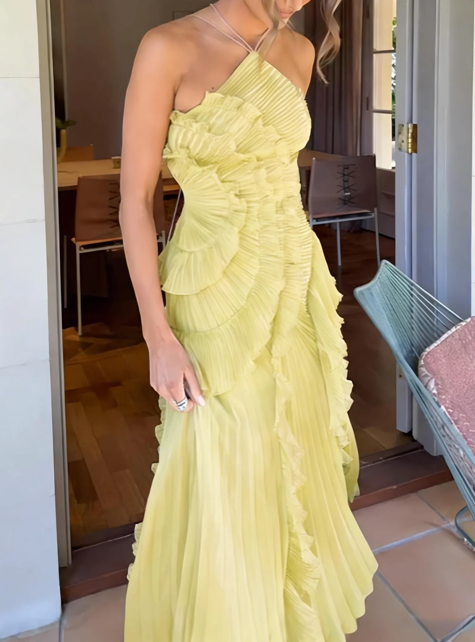 Plisowana sukienka maxi Lotus Edge dla kobiet, bez pleców, bez rękawów, asymetryczna, marszczona, wielowarstwowa, elegancka, formalna sukienka