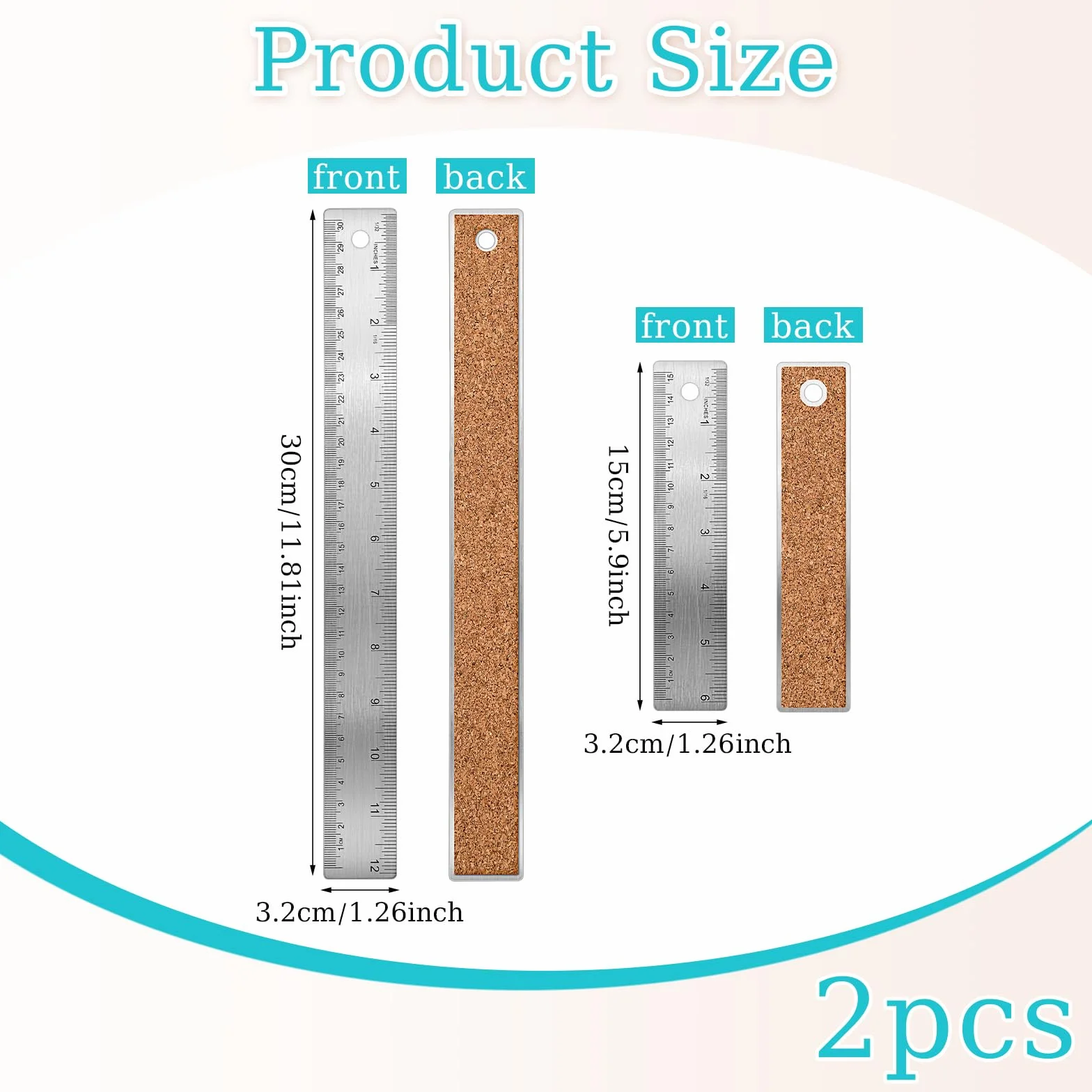 Linijka ze Stali Nierdzewnej 15 cm i 30 cm - Metalowa z Korkiem, Prostą Krawędzią, Antypoślizgowa z Calami i Centymetrami - do Szkoły, Biura, Inżynierii Rysunkowej