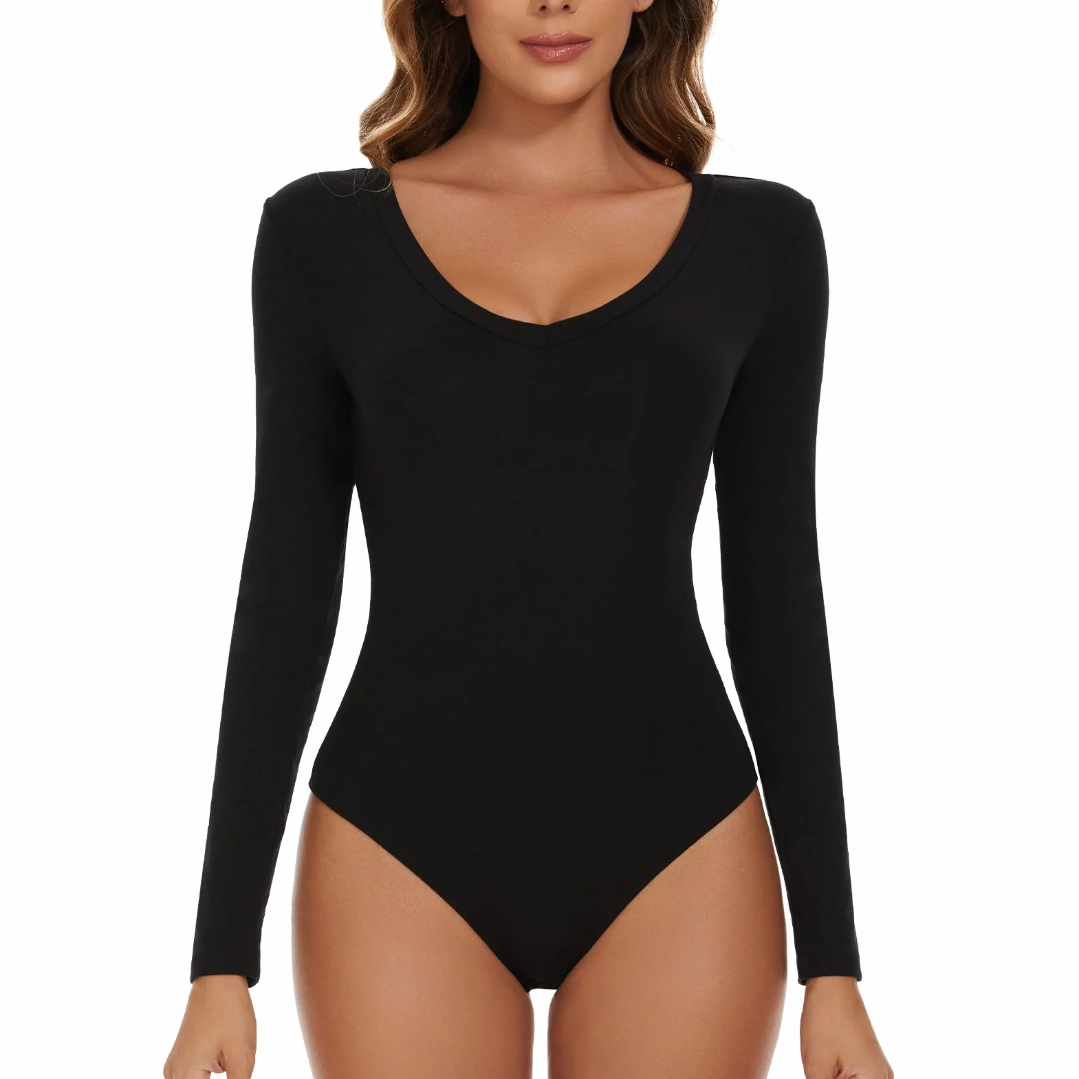 SLIMBELLE Damskie body z długim rękawem, dekolt w serek, długie rękawy, eleganckie, seksowne body z długim rękawem, gorset, wąskie body dla kobiet