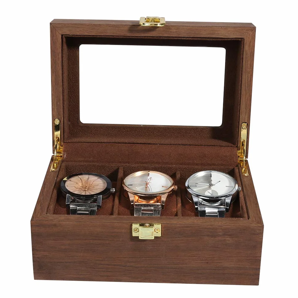 ZJchao Drewniany organizer do przechowywania zegarków, pudełko z czarnego orzecha z przezroczystą pokrywką, pudełko na 3 zegarki, eleganckie etui do przechowywania, trwały stojak na zegarki.