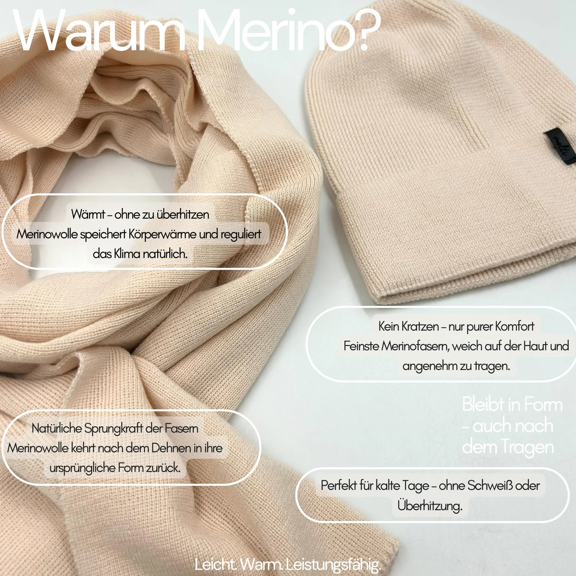 molti Zestaw damskiej czapki i szalika – 100% wełna z merynosów, Öko-Tex Standard 100, czapka beanie i szal z dzianiny, ocieplająca, oddychająca i hipoalergiczna, rozmiary: czapka 55-60 cm, szal 204 x