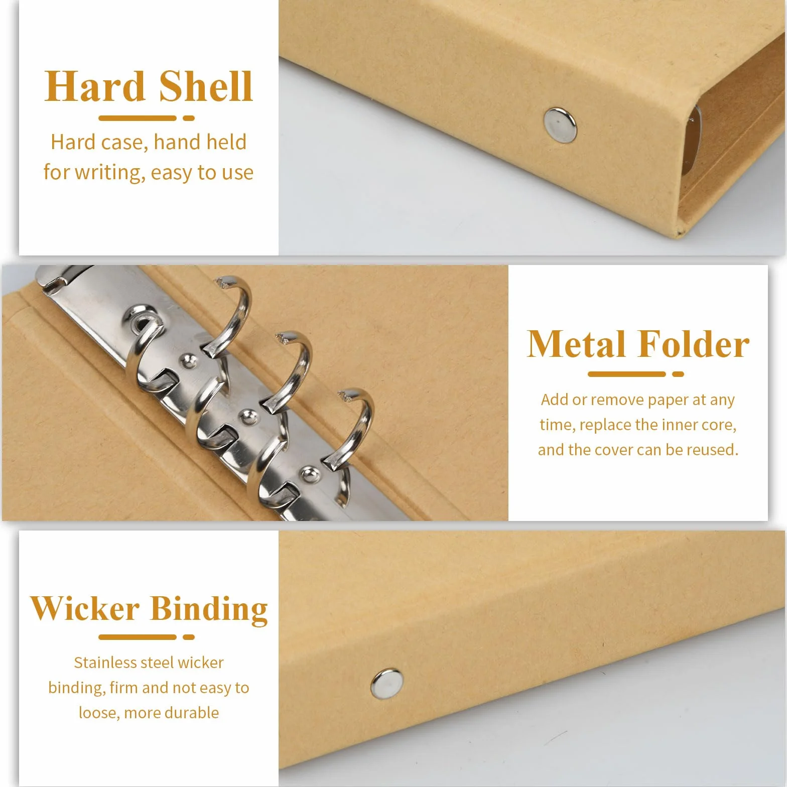 Segregator z papieru typu kraft, A5, 2 sztuki, segregator z mini dziurkaczem, segregator o-ringowy, do ponownego napełniania, do dodawania luźnych kartek, segregator z 6 pierścieniami, do