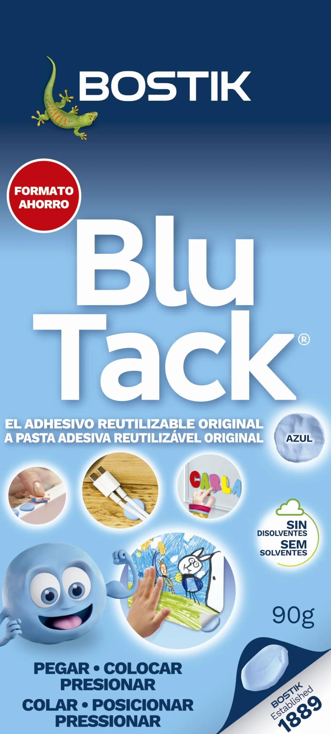 BOSTIK Blu Tack oryginalny niebieski, format szkolny, klej do formowania i wielokrotnego użytku, mocowanie przedmiotów, czyste, bezpieczne i łatwe w użyciu, zastępuje pinezki i taśmy klejące, około 90