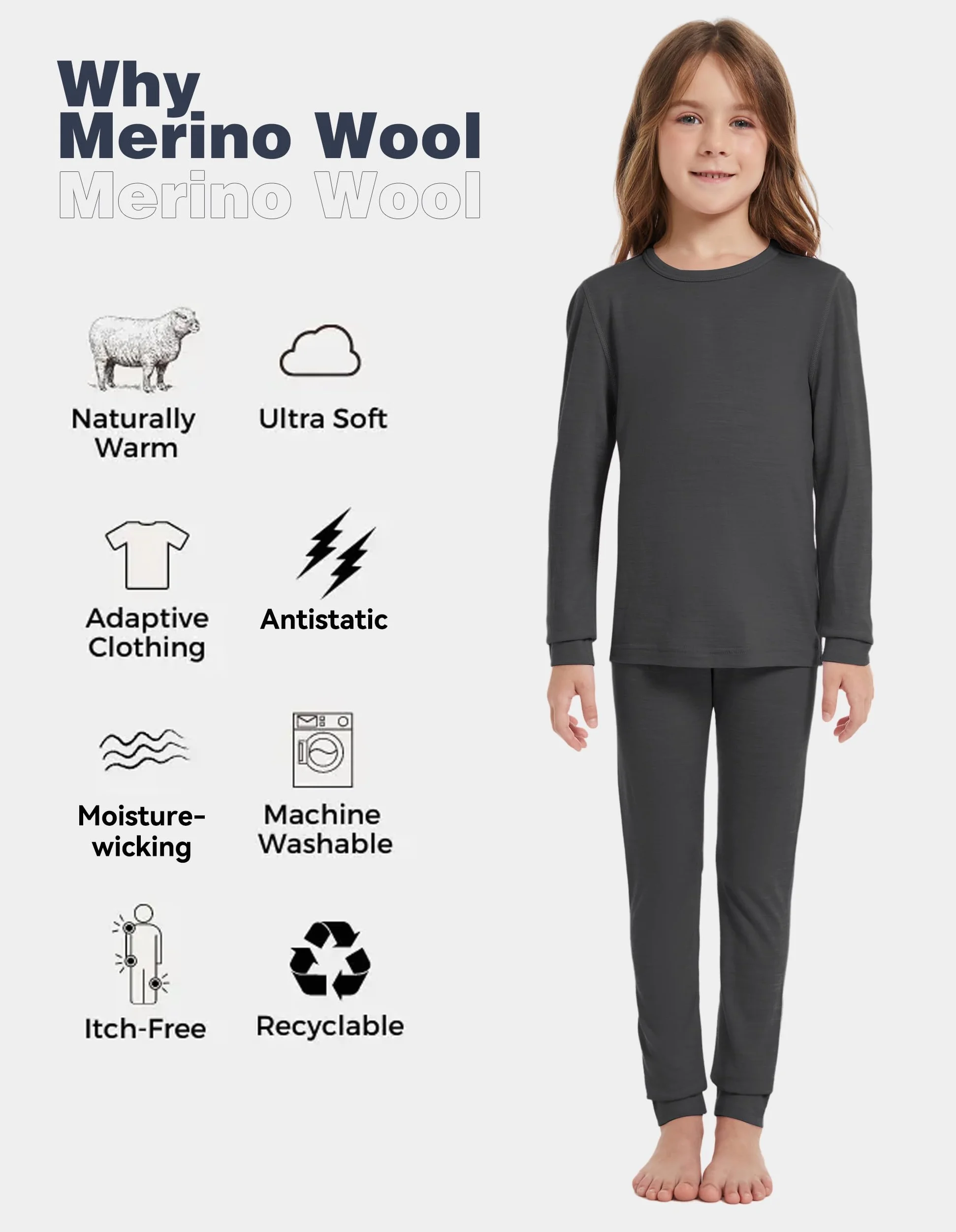 Bielizna termiczna dla dzieci, unisex, 100% wełna z merynosów, zestaw dla chłopców i dziewczynek, bielizna narciarska na zimę, ciepła i wygodna