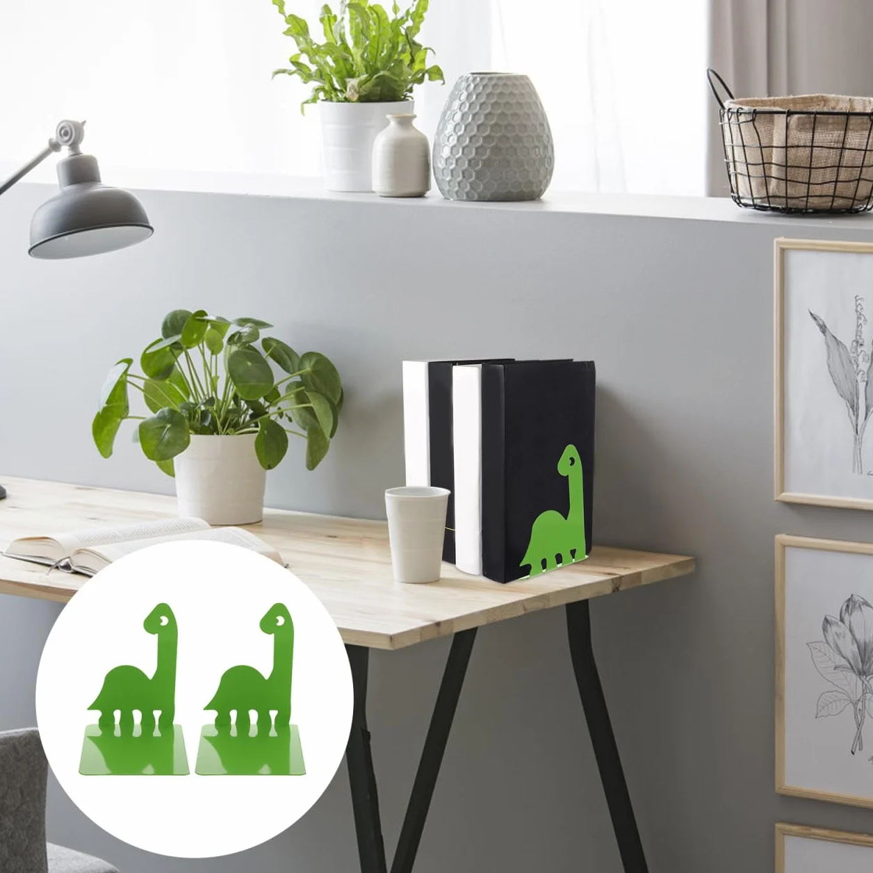 TOYANDONA Podpórki do książek z żelaza, z motywem dinozaura, antypoślizgowe, do książek, na płyty DVD, do biura, biblioteki, szkoły, dekoracja, 1 para, kolor zielony
