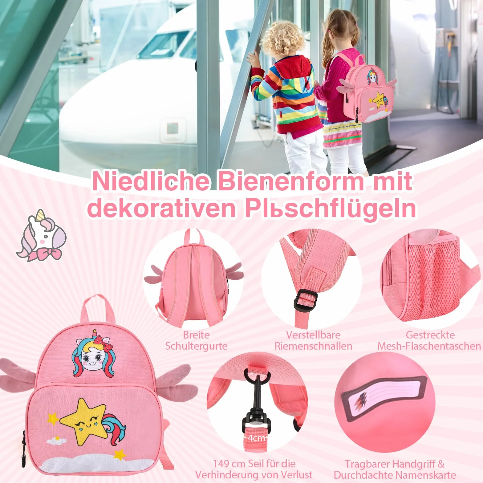 COSTWAY 2-częściowy zestaw bagażu dziecięcego + plecak, walizka 12"+18" na kółkach z wodoodporną twardą obudową, dziecięcy bagaż z paskiem, liną i podnóżkami, walizka na kółkach dla chłopców i