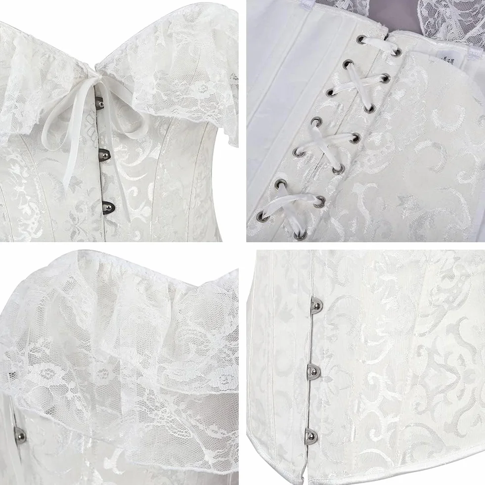 Damskie gotyckie gorsety gorsety overbust sznurowane plecy gorset z koronką marszczony rękaw na ramię dla panny młodej talii cincher księżniczka renesansowy gorset