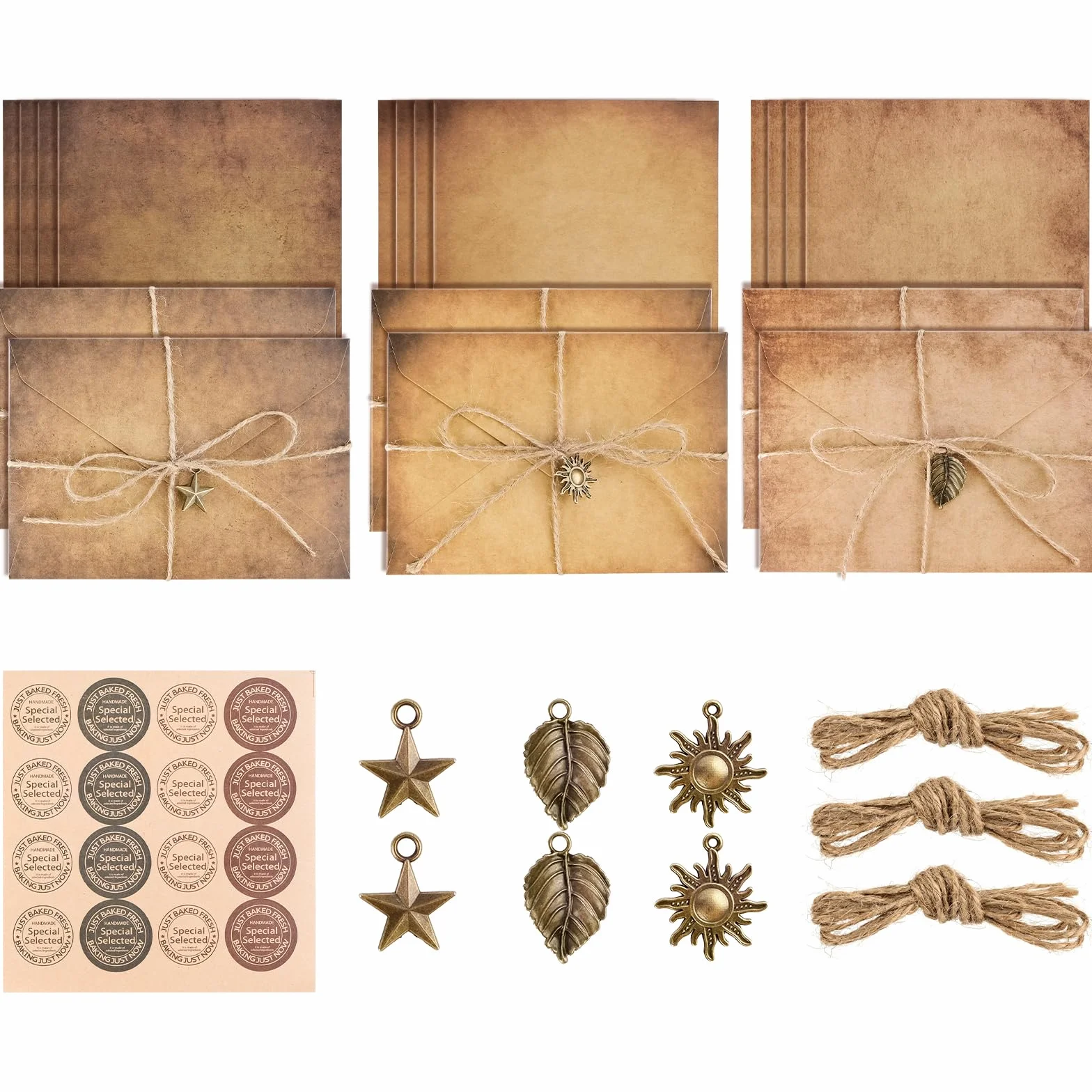 Tufa Kraft z kopertami w stylu vintage, antyczne zestawy do pisania listów (6 papieru kraft, 12 kart listowych, 6 metalowych akcesoriów, 6 sznurków konopnych)