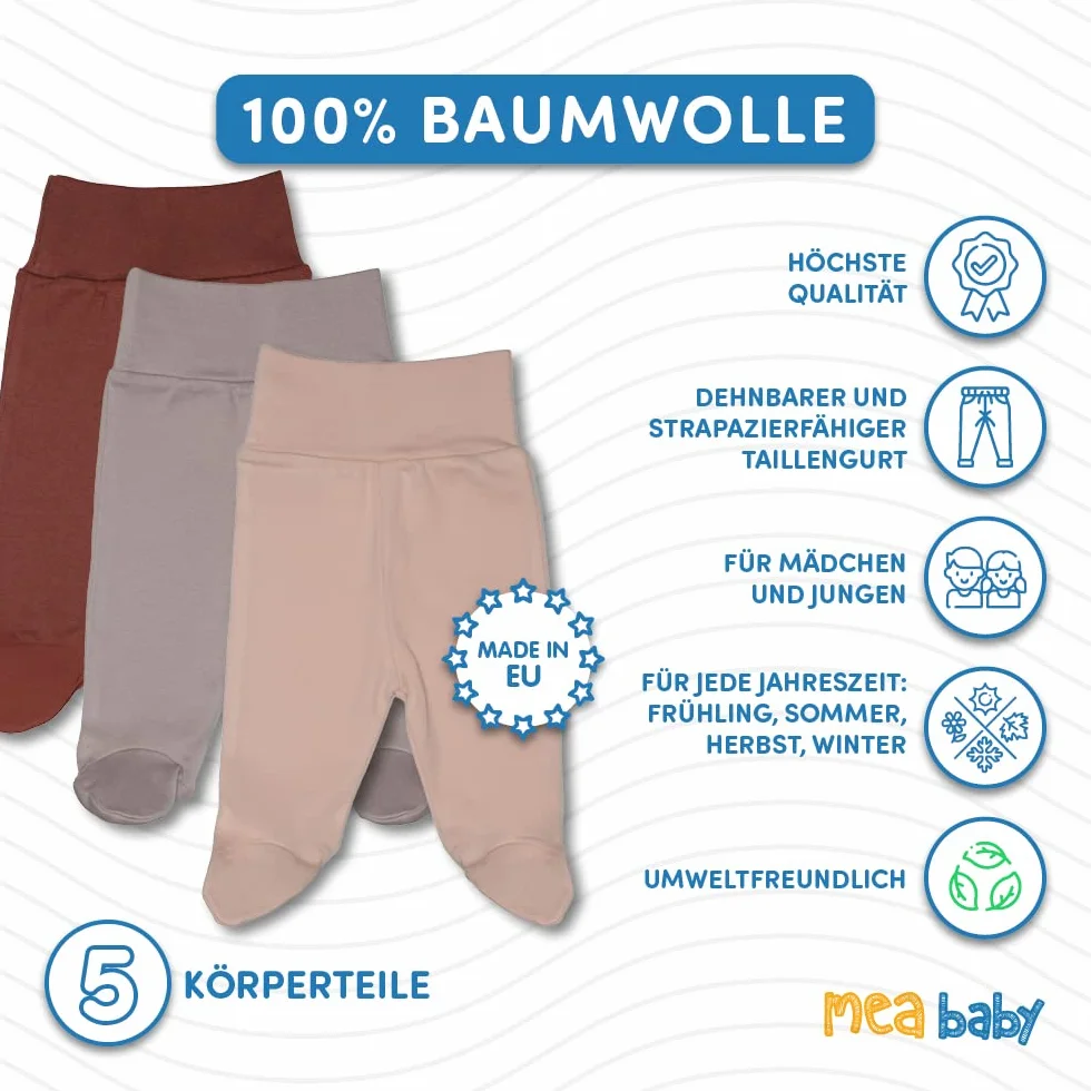 MEA BABY Spodnie Niemowlęce Unisex ze Stopką - 100% Bawełna, 5 Szt. Półśpiochy dla Chłopców i Dziewczynek