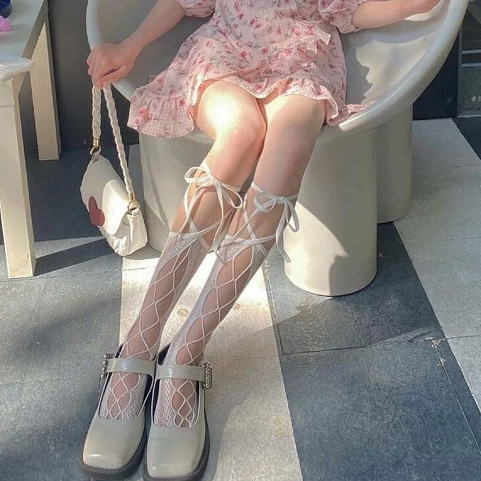Koronkowe Pończochy Kobiety 1 Para Bandaż Skarpetki Do Kolan Krzyż Skarpetki Antypoślizgowe Rajstopy Rybne Dla Dziewczyn Lolita Cosplay
