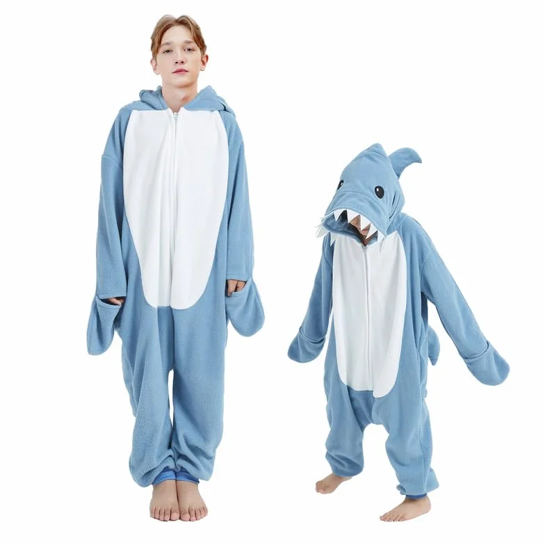 Piżama z kreskówki, jednoczęściowa, śliczna piżama z niebieskim rekinem, sosna, śpioszki, bielizna nocna, kostium cosplay dla dzieci i dorosłych, na karnawał i Halloween