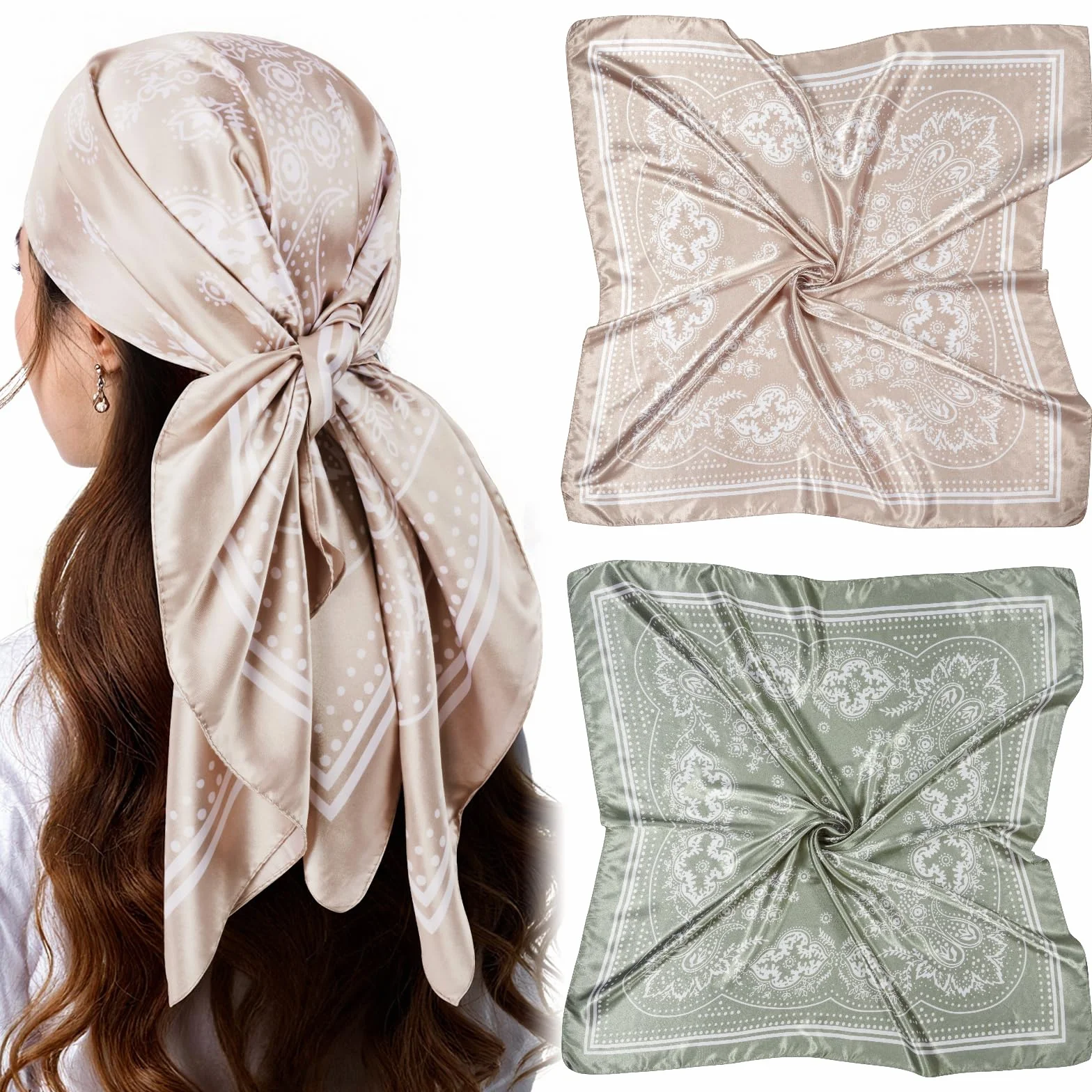 Bandana, duże kwadratowe szaliki dla kobiet, z nadrukiem graficznym, jedwabna chustka, elegancka satynowa chusta na głowę, chusta na głowę, chusta na szyję, ozdoba do włosów, chusteczka